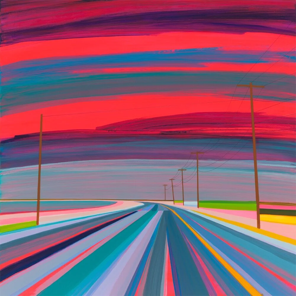 Colorful abstract painting of a road with power lines at sunset or sunrise.