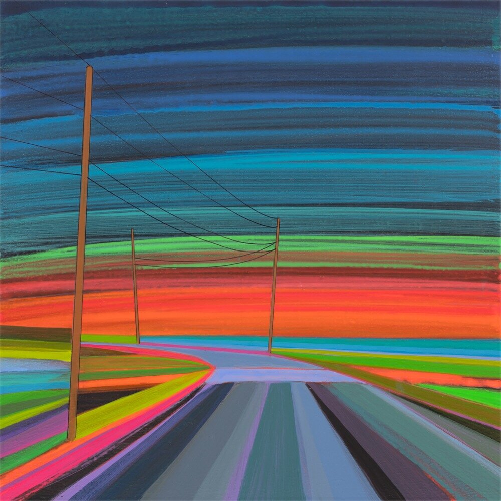 Colorful painting of a rural road at sunset with power lines and fields on either side, using vibrant and blended hues.