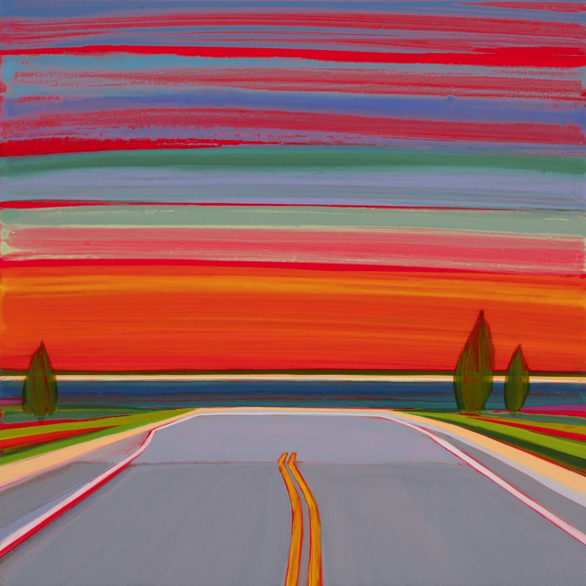 A colorful painting of a road leading to a sunset sky with red, orange, yellow, green, blue, and purple hues. Trees line the sides of the road.