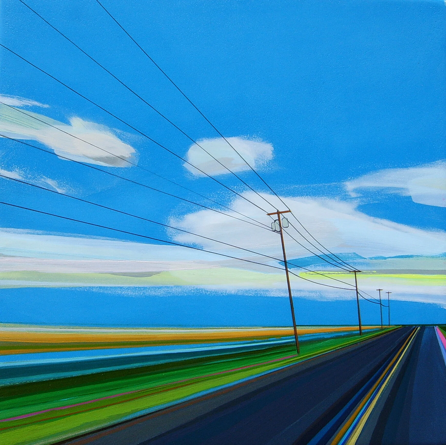 A stylized painting of a rural landscape with power lines stretching into the horizon, green fields, and a bright blue sky with scattered clouds.