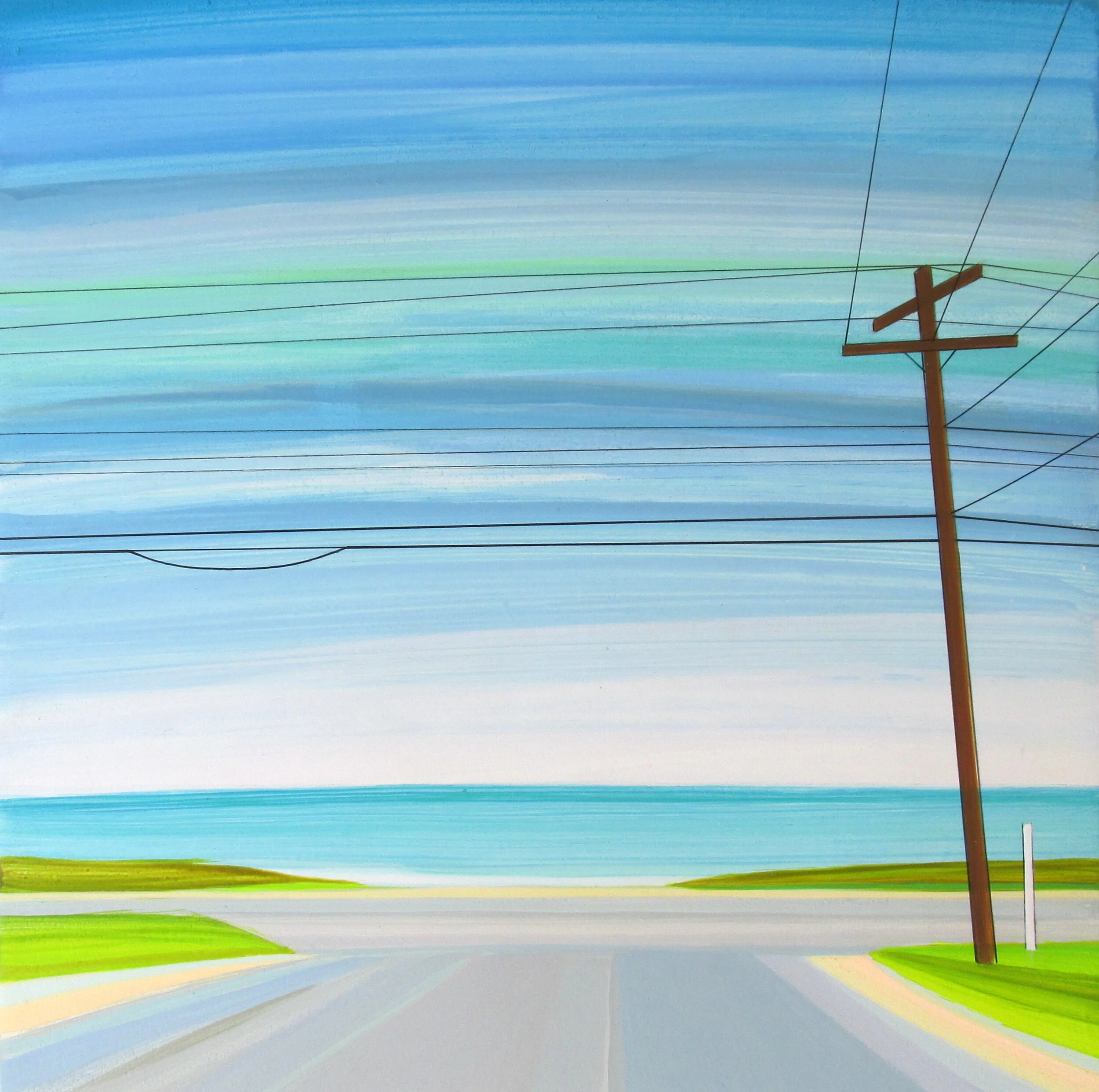 Painting of a rural road with a utility pole and power lines, green grass on both sides, and a body of water in the distance under a blue sky with streaked clouds.