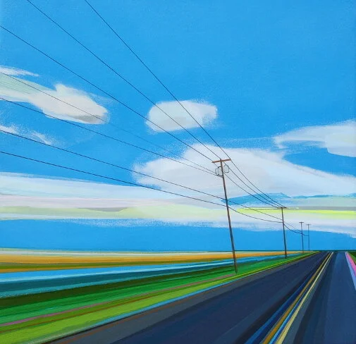 Painting of a rural landscape with power lines, green fields, and a blue sky with clouds.