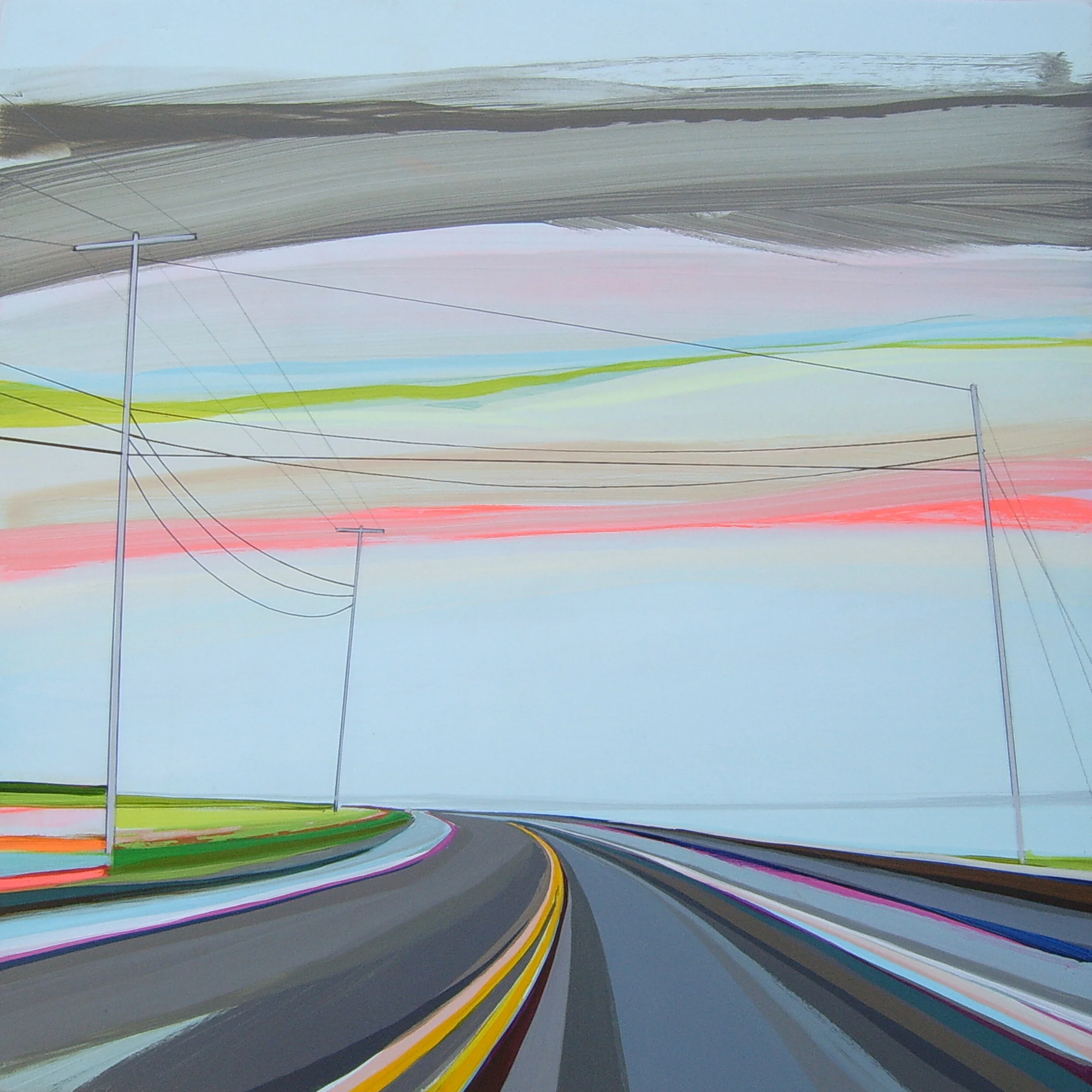 A digital painting of a rural road with power lines, colorful sky with shades of pink, green, blue, gray, and black clouds, and green grassy fields on both sides.