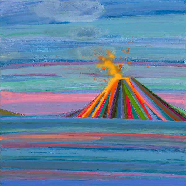 Colorful abstract painting of a volcano erupting with bright orange lava and smoke, against a vibrant blue sky with pink and blue streaks.