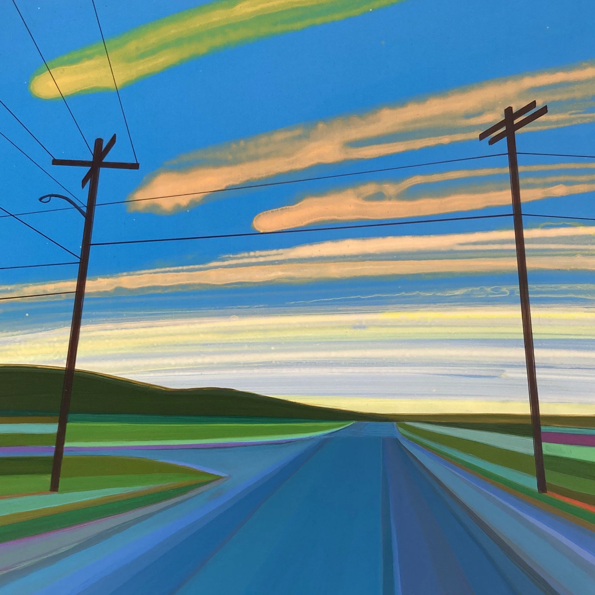 Stylized landscape painted with a road stretching into the horizon, power lines on both sides, green fields, a hill, and a sky with layered clouds and colorful streaks of yellow, orange, green, and blue.