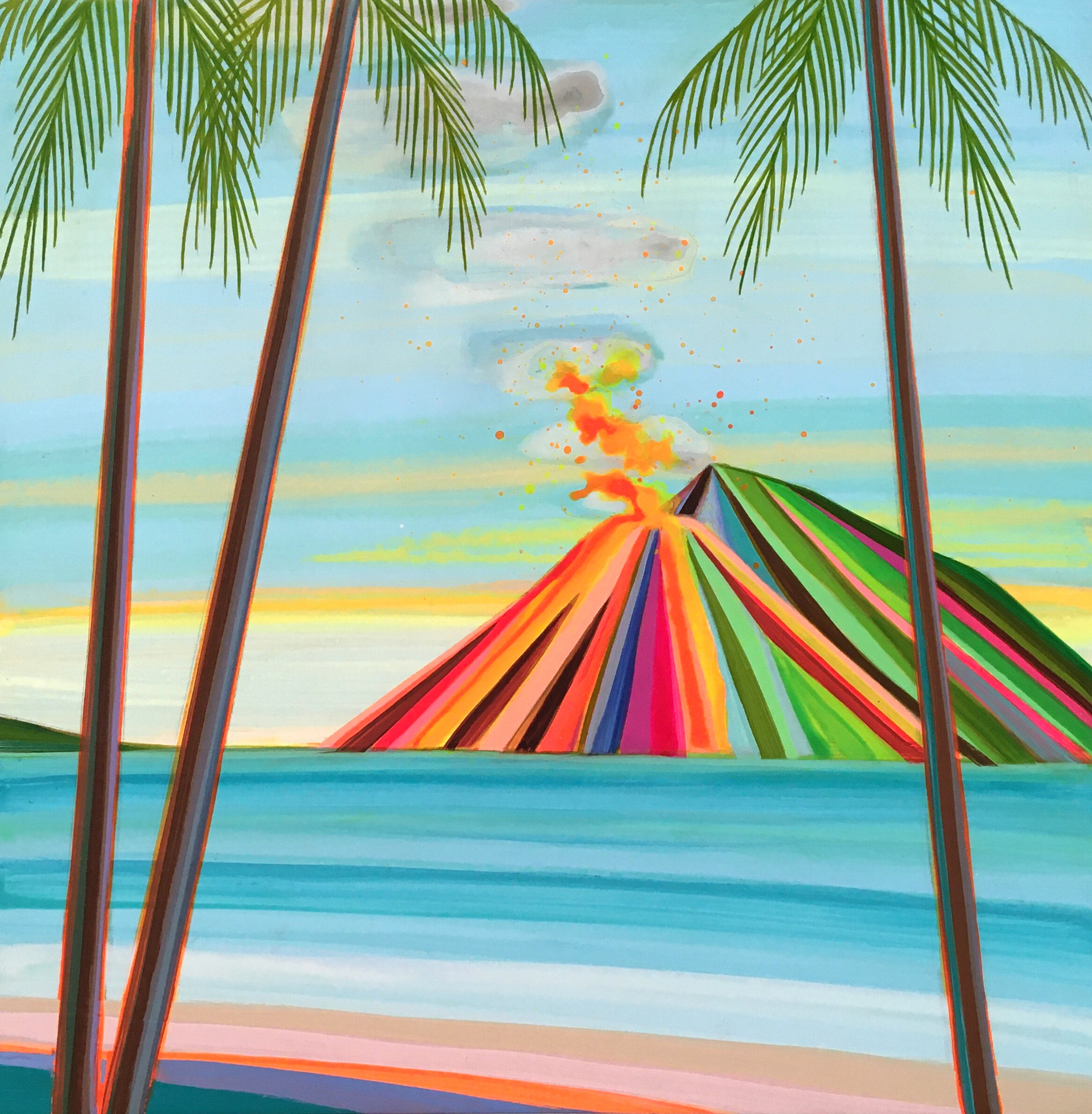 Colorful painting of a volcano erupting with smoke and lava, seen through two palm trees over a body of water.