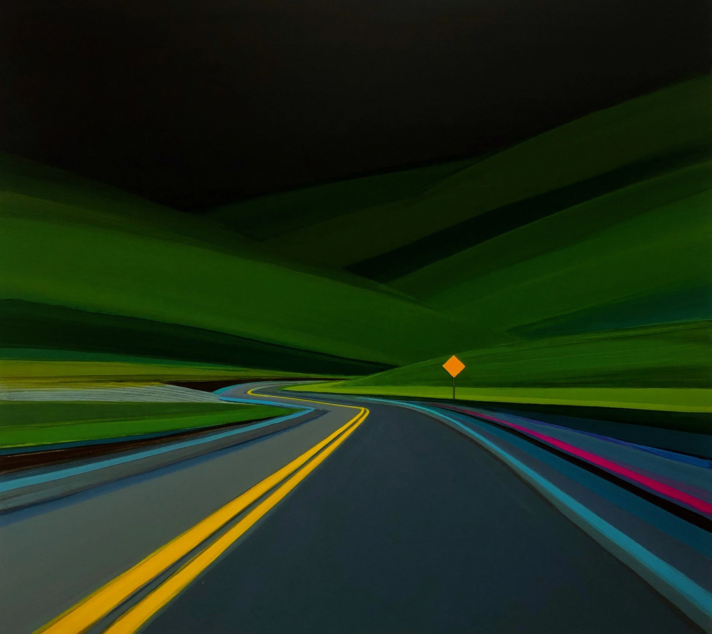 A winding road with yellow double lines, surrounded by vibrant green hills and a dark sky, with an orange road sign on the right side.