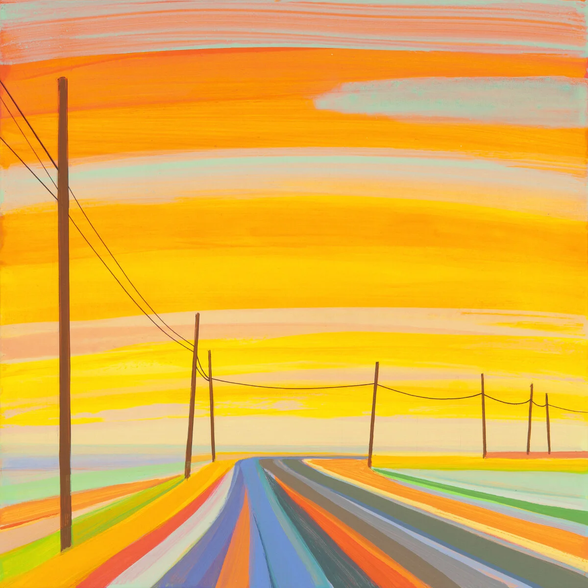 Colorful painting of a road with power lines at sunset, featuring vibrant orange, yellow, pink, and blue sky.