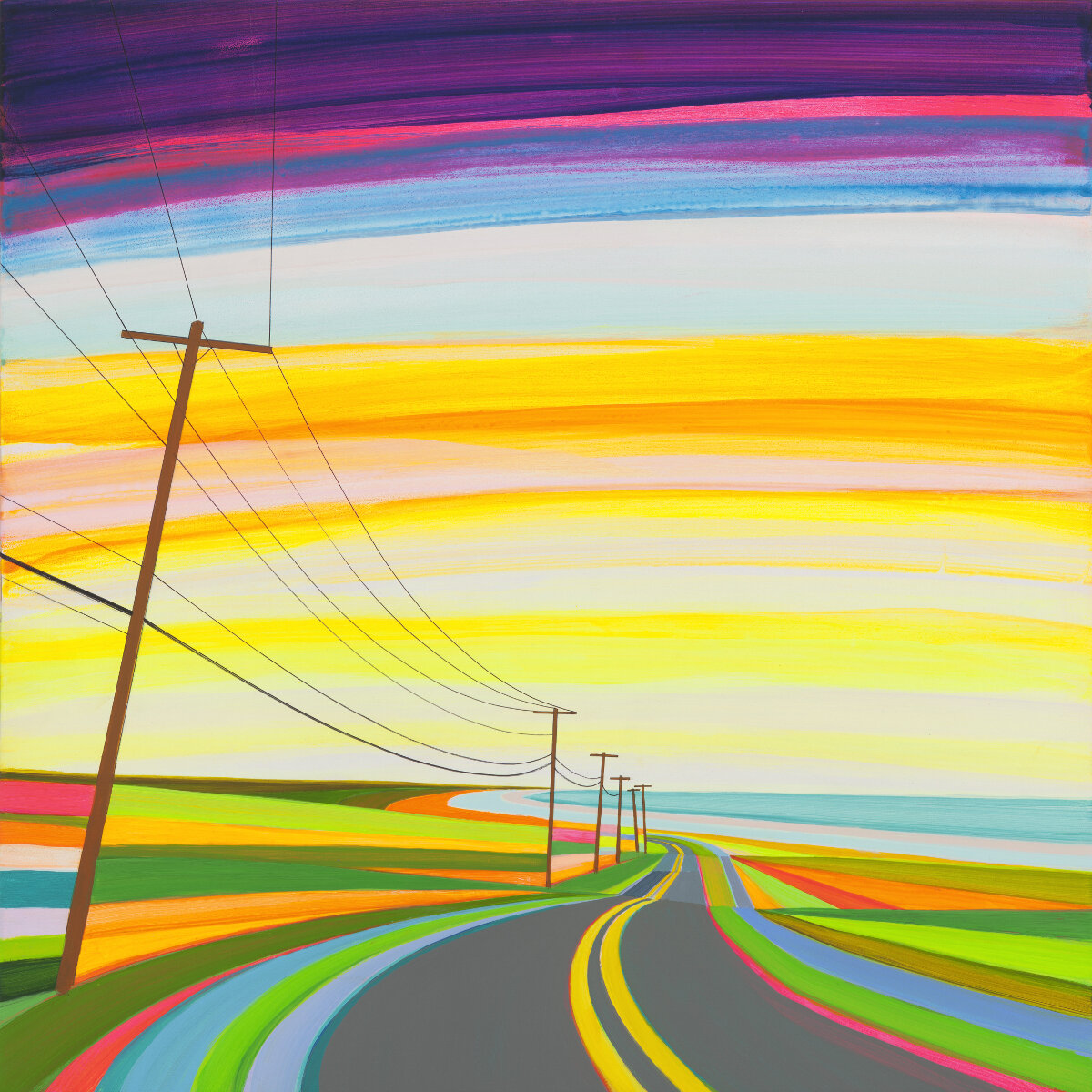 Colorful painting of a winding road along a coastal landscape with utility poles and a vibrant sky with layered colors.