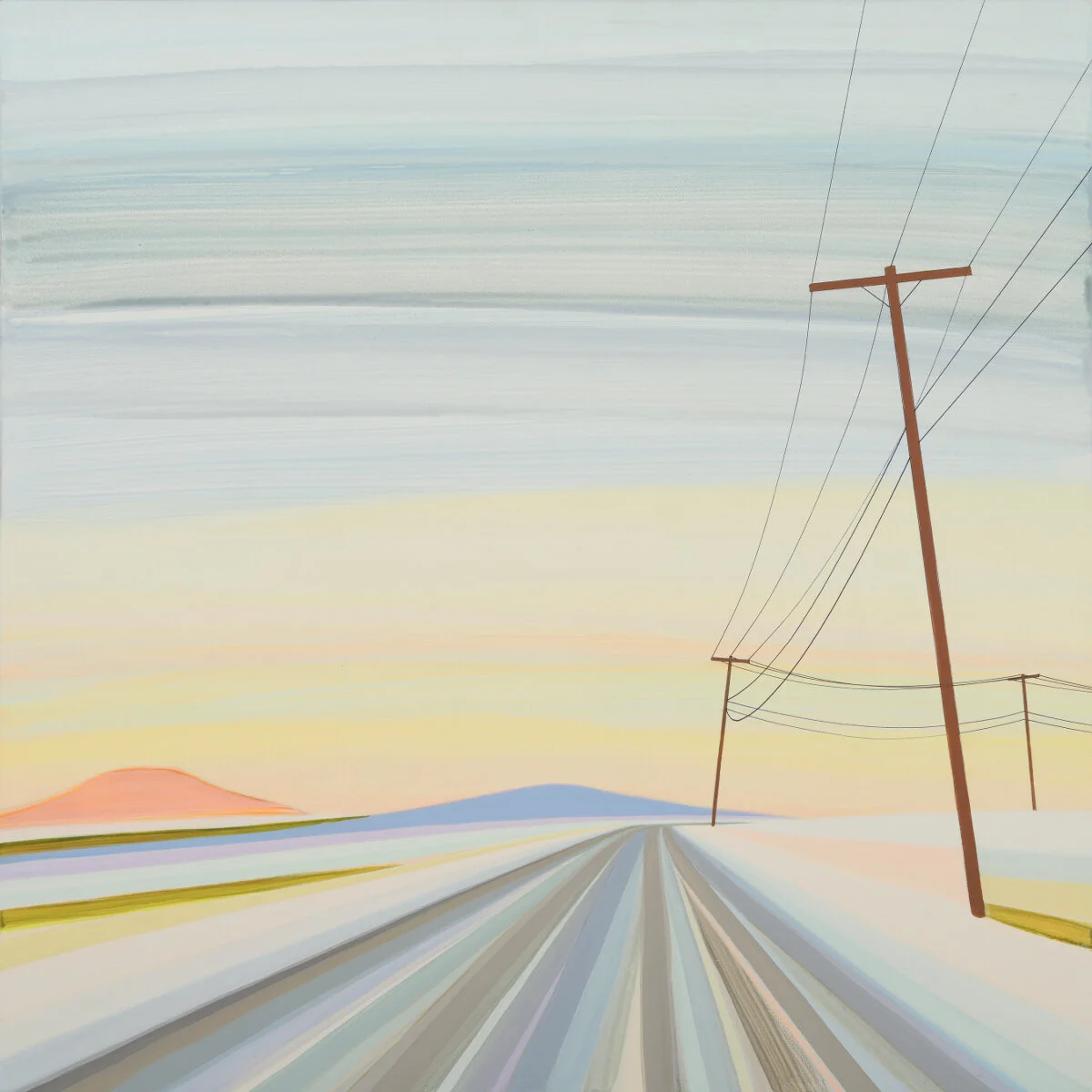 A digital painting of a winter landscape with a snow-covered road and telephone poles stretching into the horizon, under a pastel-colored sky at sunset.