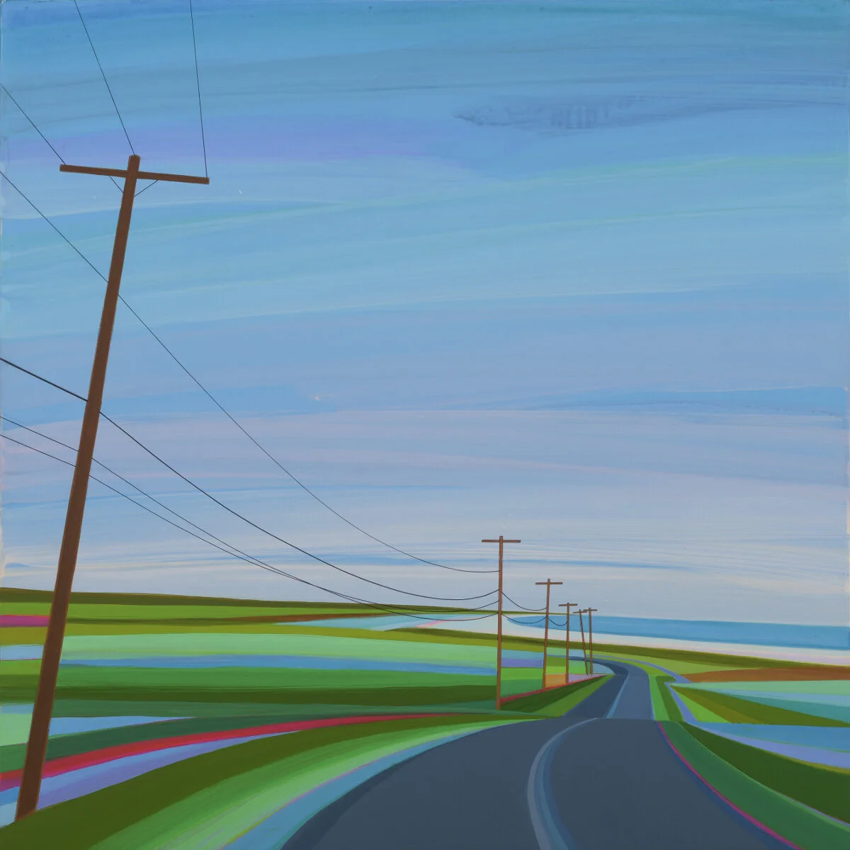 A colorful painting of a rural landscape with a winding road, green fields, and power lines under a blue sky with clouds.