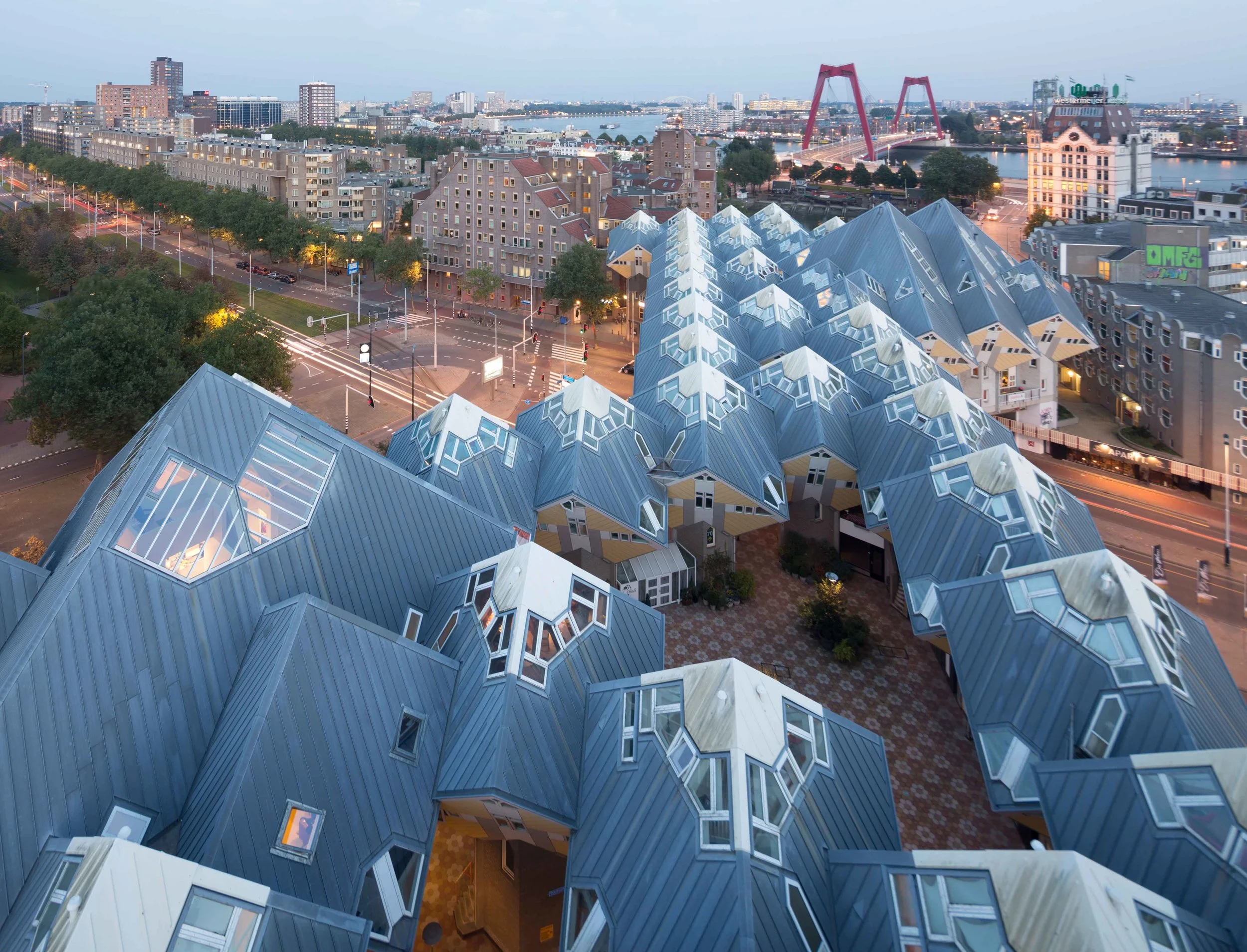 the world famous 'kubuswoningen complex' designed by architect Piet Blom with the larger supercube on the foreground