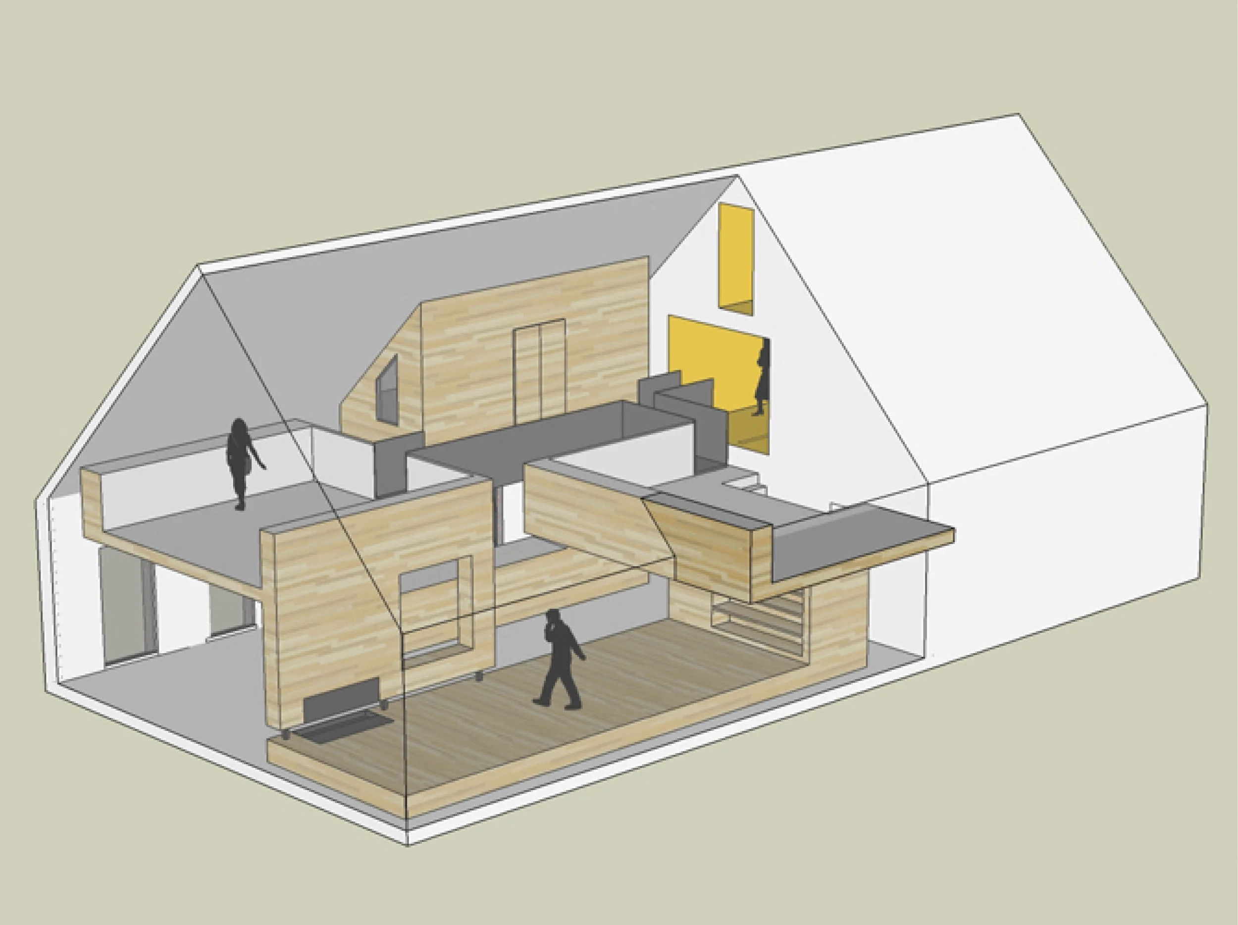the front of the house is more or less preserved where in the 'deel' a three dimensional volume is inserted, creating a dynamic living area