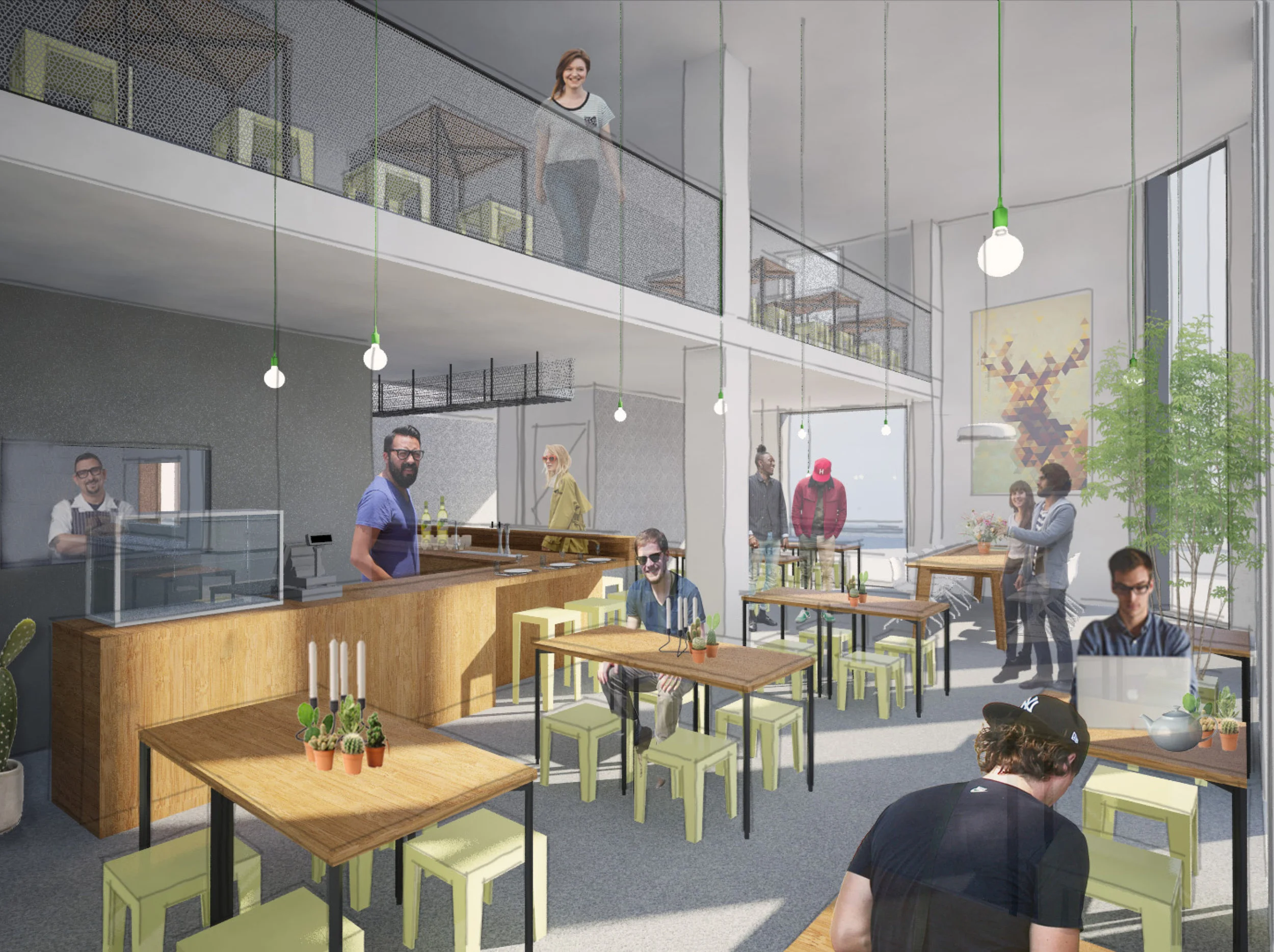 view on the bar from the restaurant area. During the day people can work and drink coffee, later on it transforms into a restaurant annex cafe. Occasionally performances can be held and viewed from the mezzanine as well.