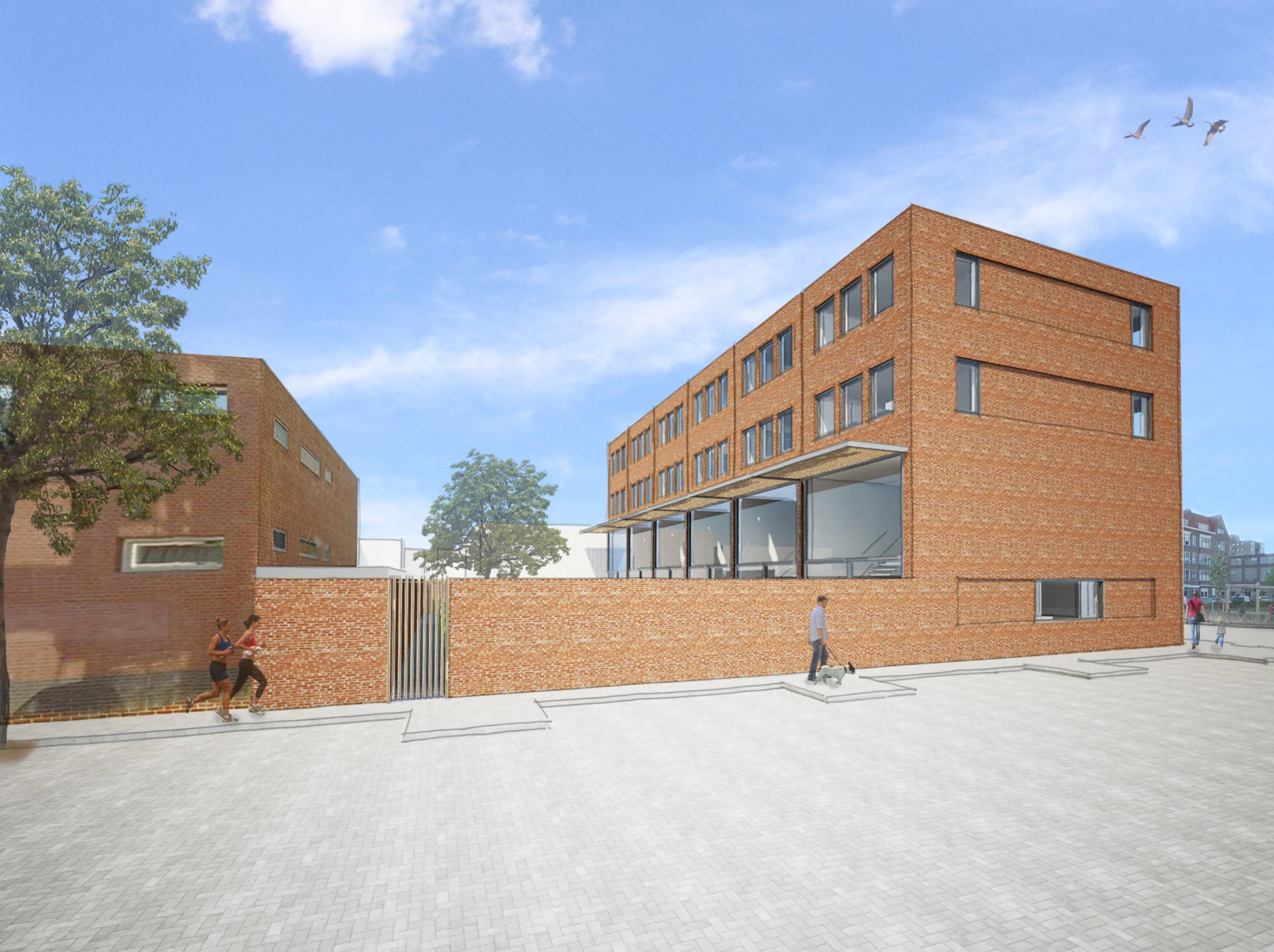 view from the side showing the brick wall separating the gardens form the street with a door leading to the storages in the gardens. The void on the first floor is represented by the double high glass facade on the back.