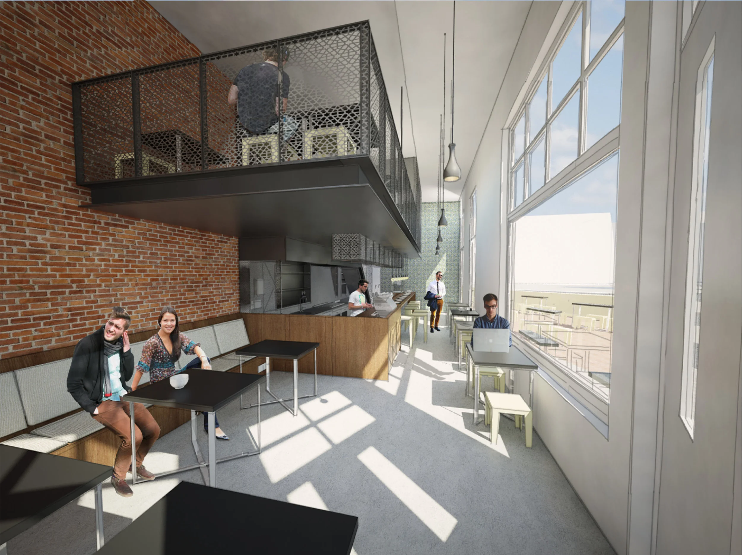 artist impression of the café showing the mezzanine above the bar area with rear kitchen