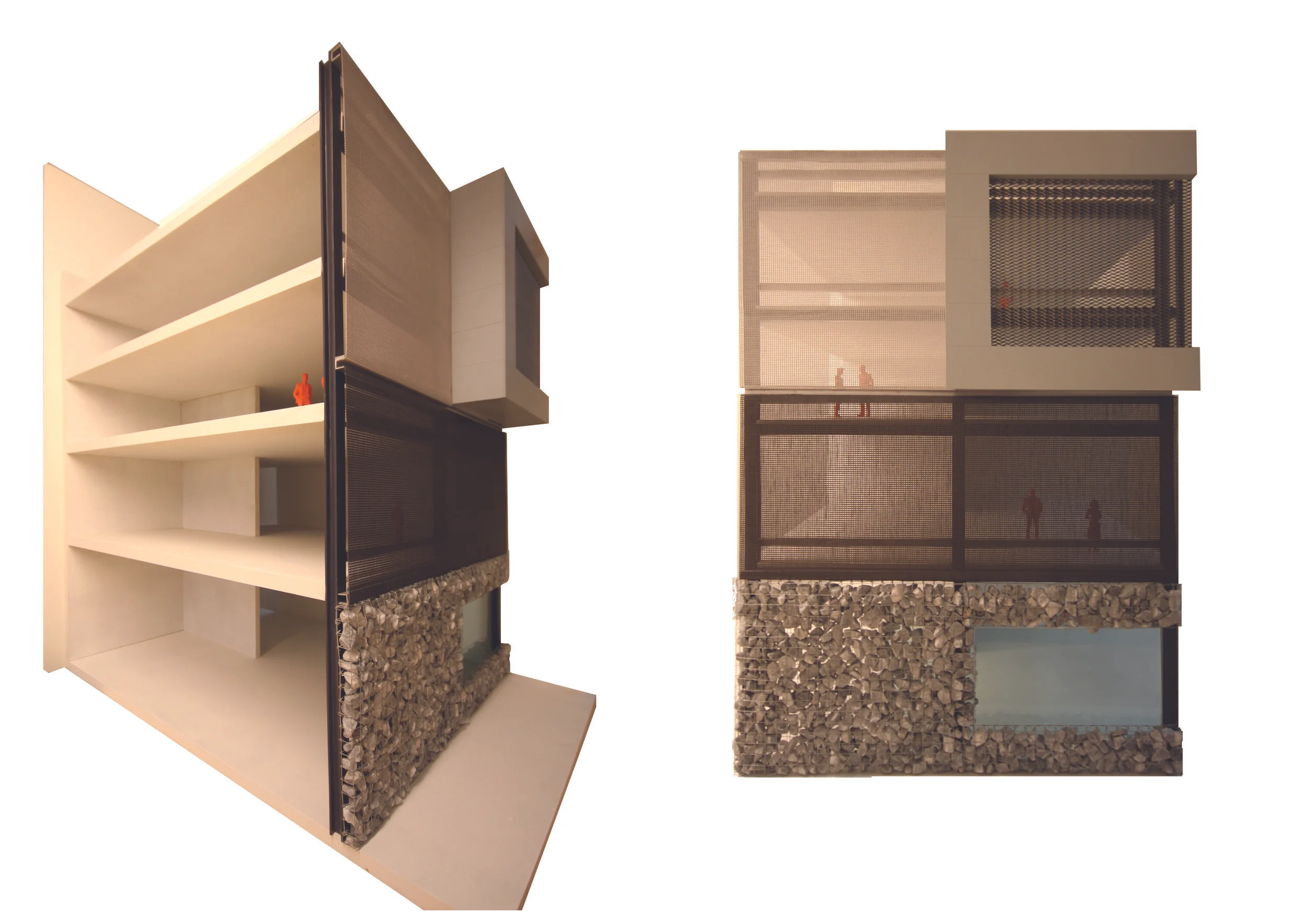 mock-up of the facade with the three distinct layers: stone, dark colored mesh and light colored mesh