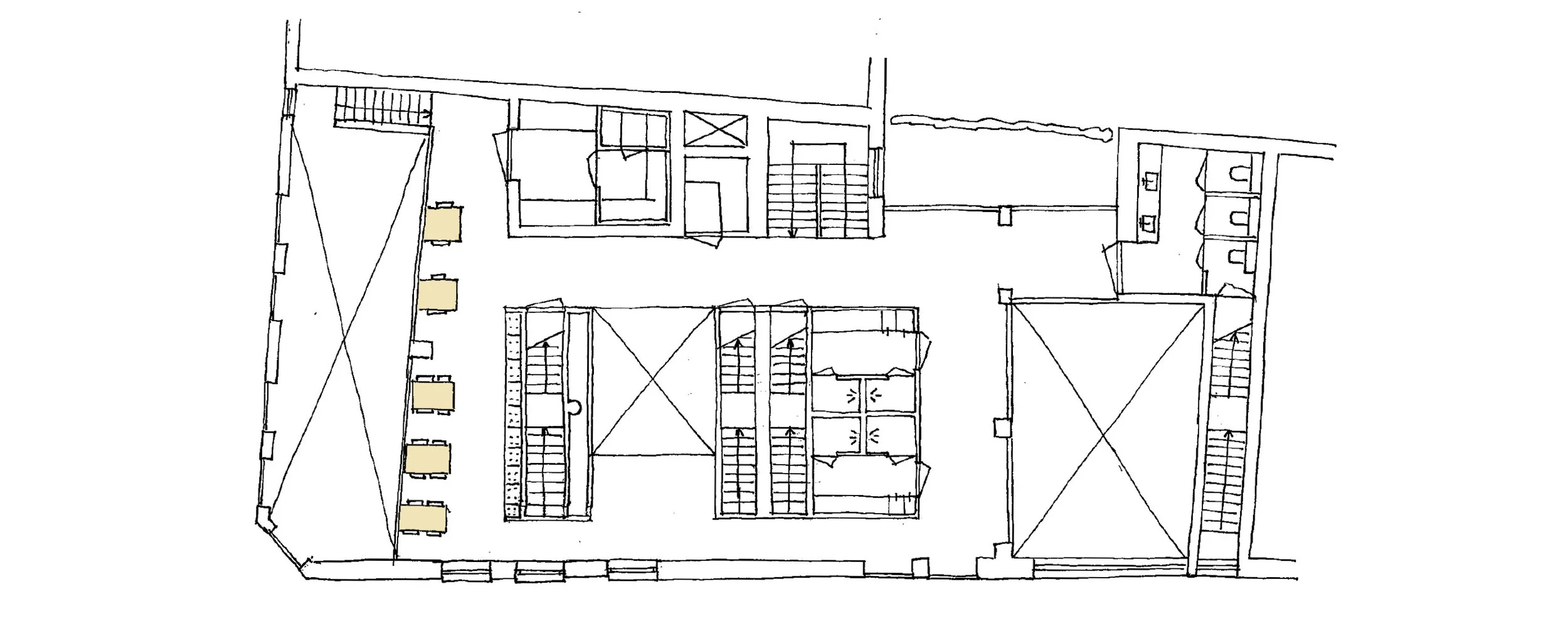 plan of the mezzanine showing seating area, storage space and toilets
