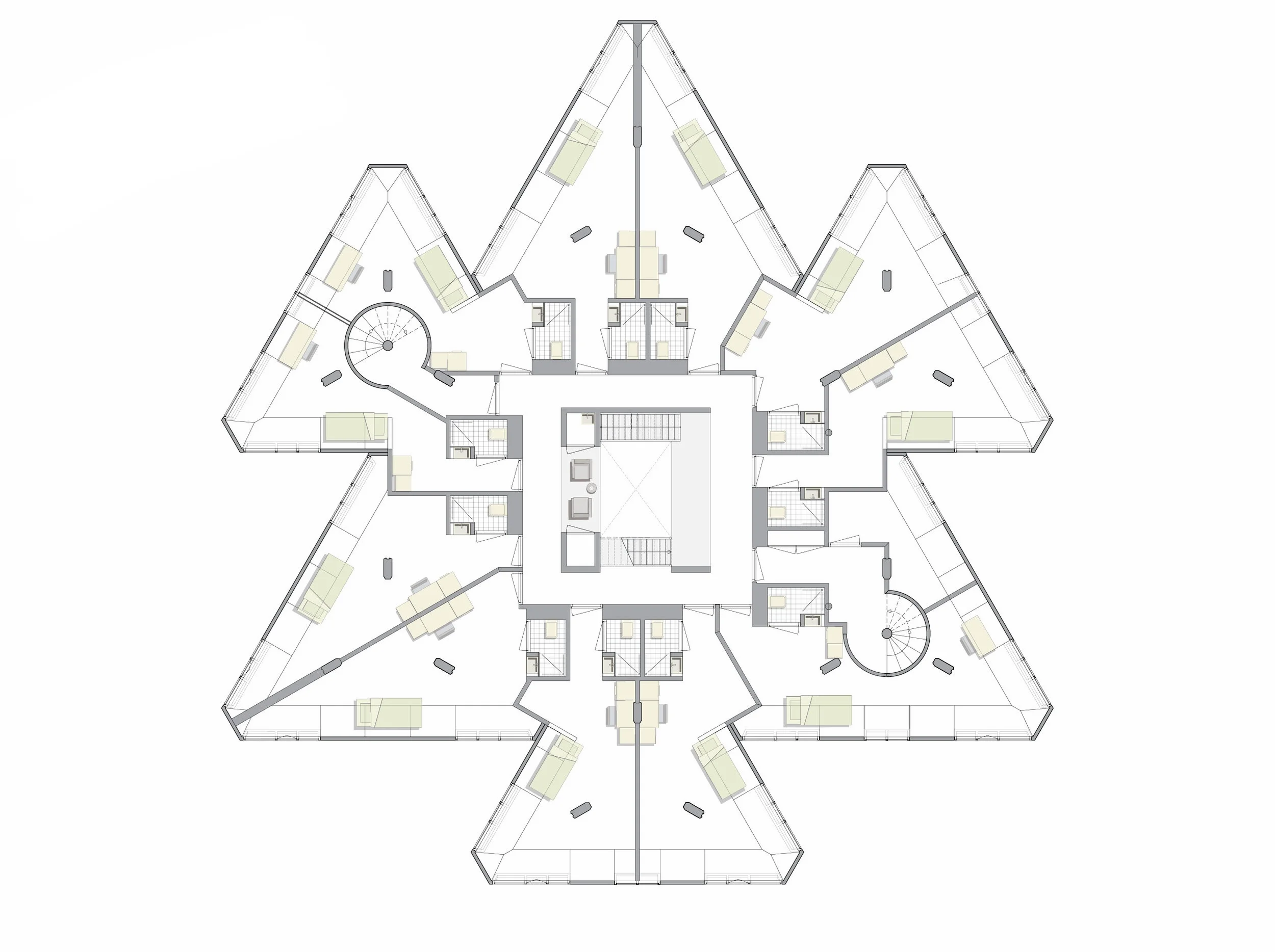 second floor plan, 11 individual rooms with bathroom