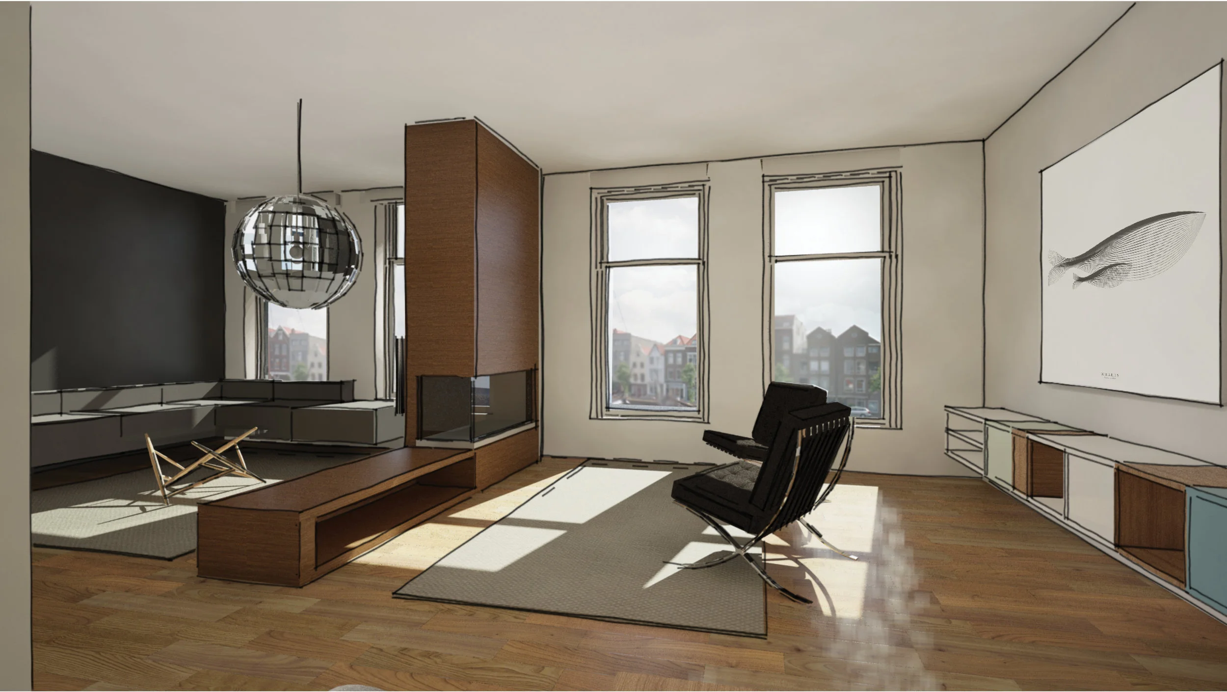 living room of the penthouse with the fire place serving as a dividing element between two different seating area's
