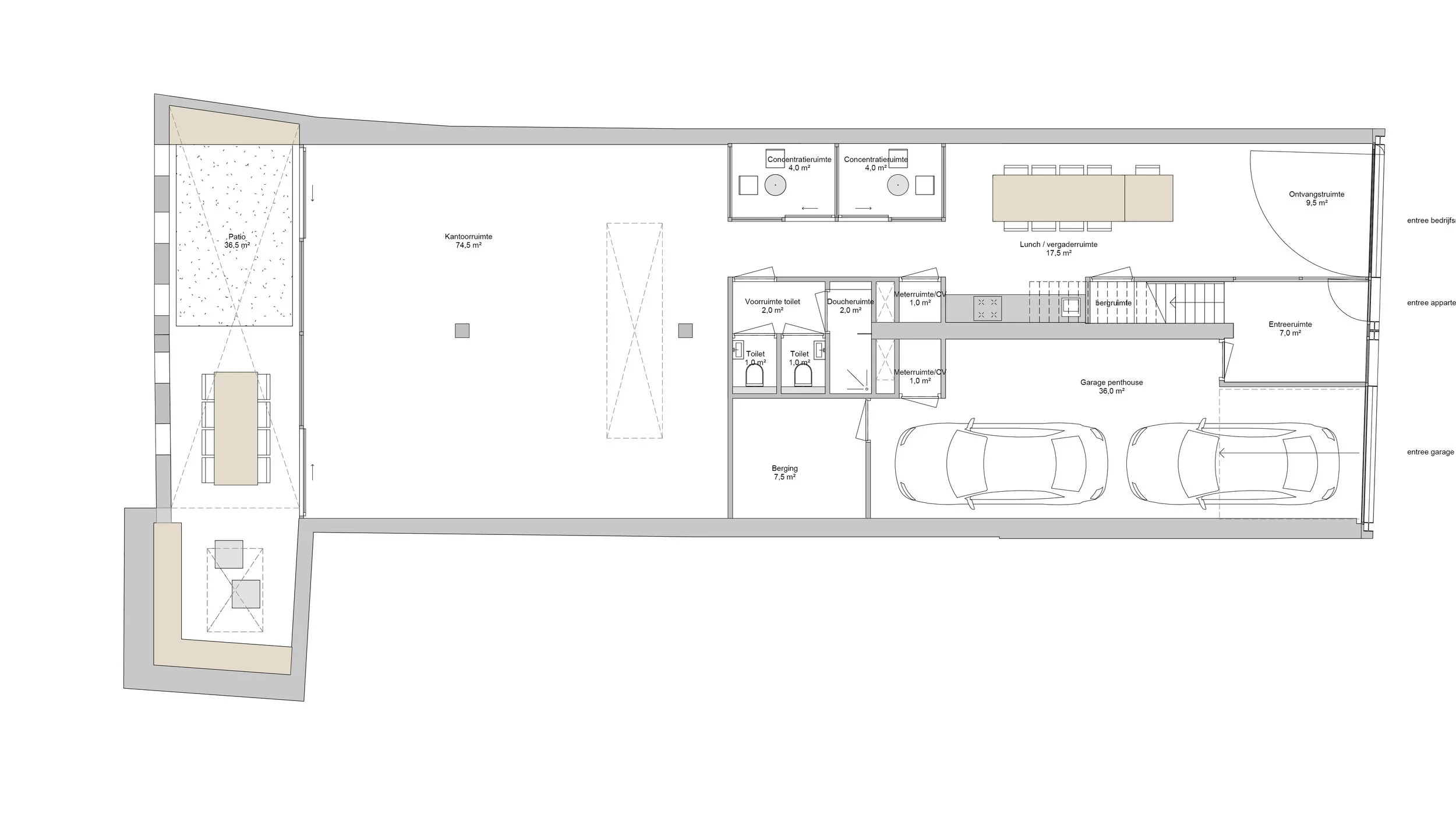 plan of the ground floor, with the office space and the garage of the owner