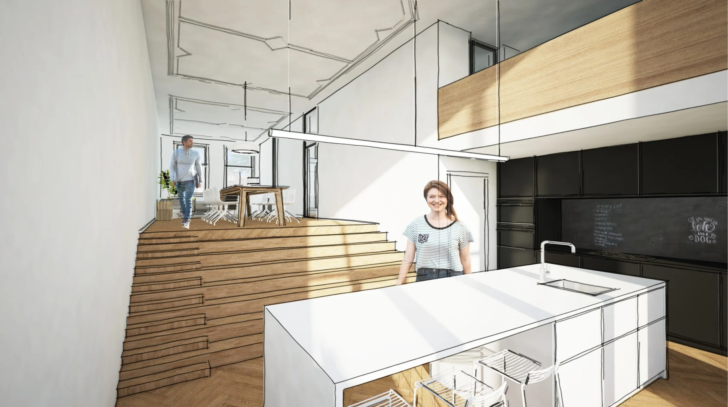 the stairs connects the living room and the kitchen with each other