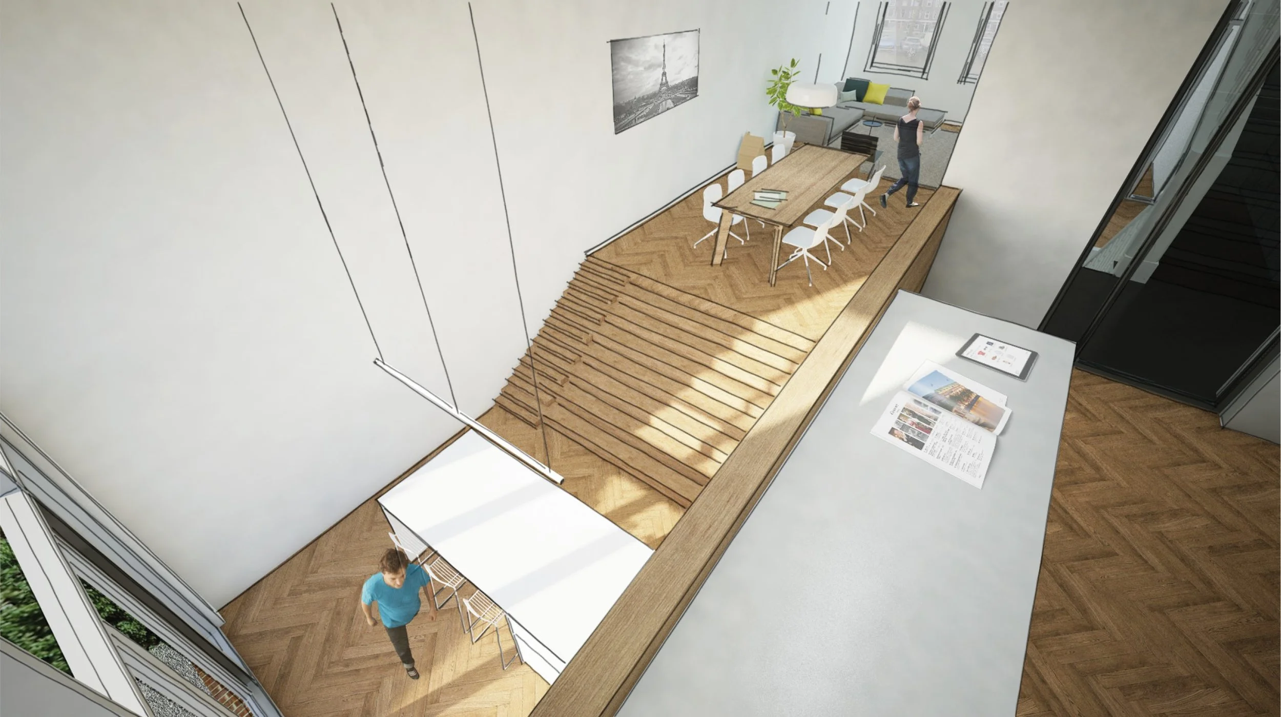 view from the study, overseeing the entire ground floor