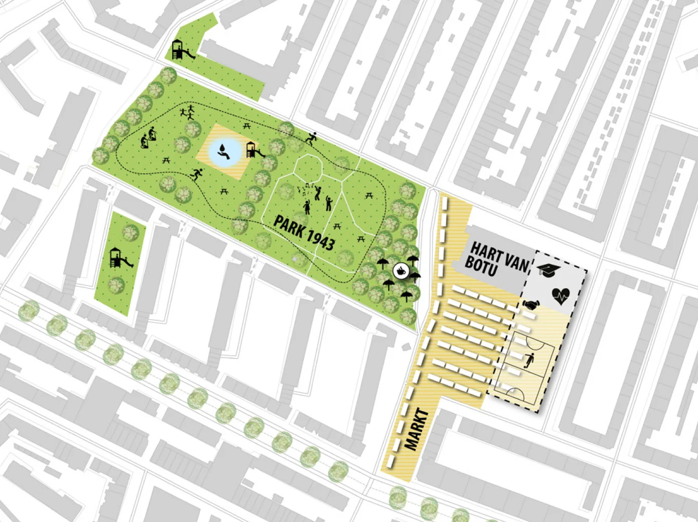 urban plan - first sketches of 'Hart van BoTu' as part of the design research