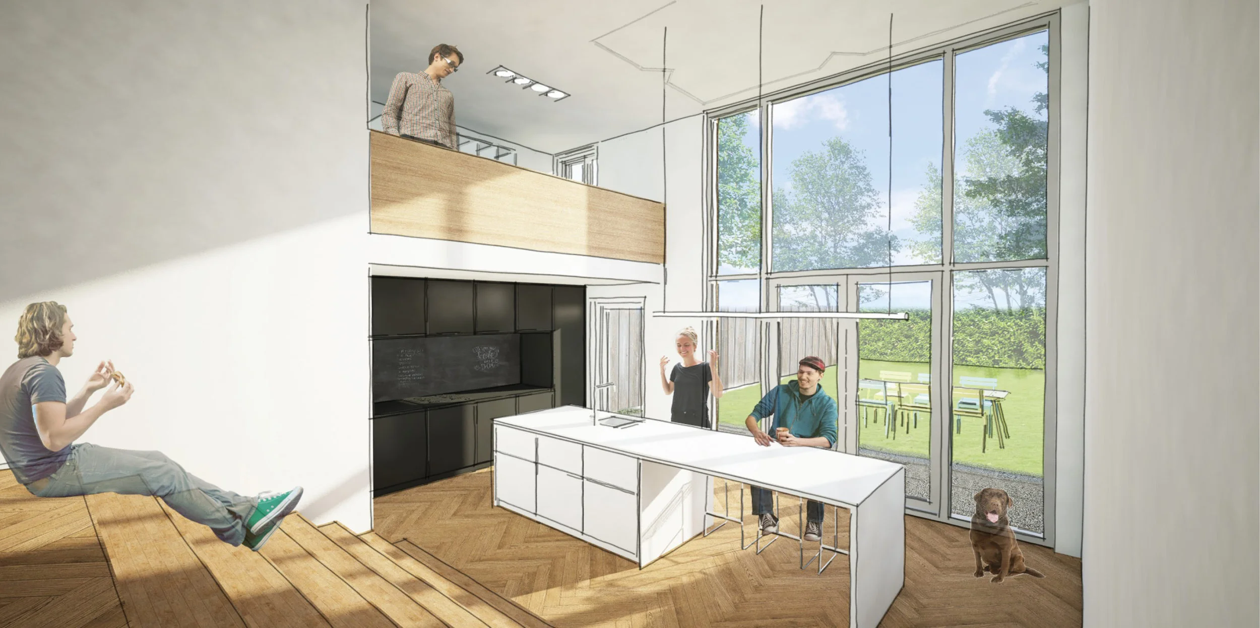 the kitchen as the connecting element between the three different levels