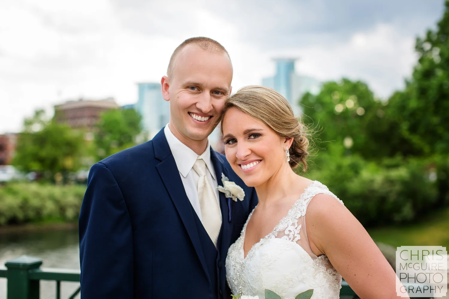 bride groom smiling downtown