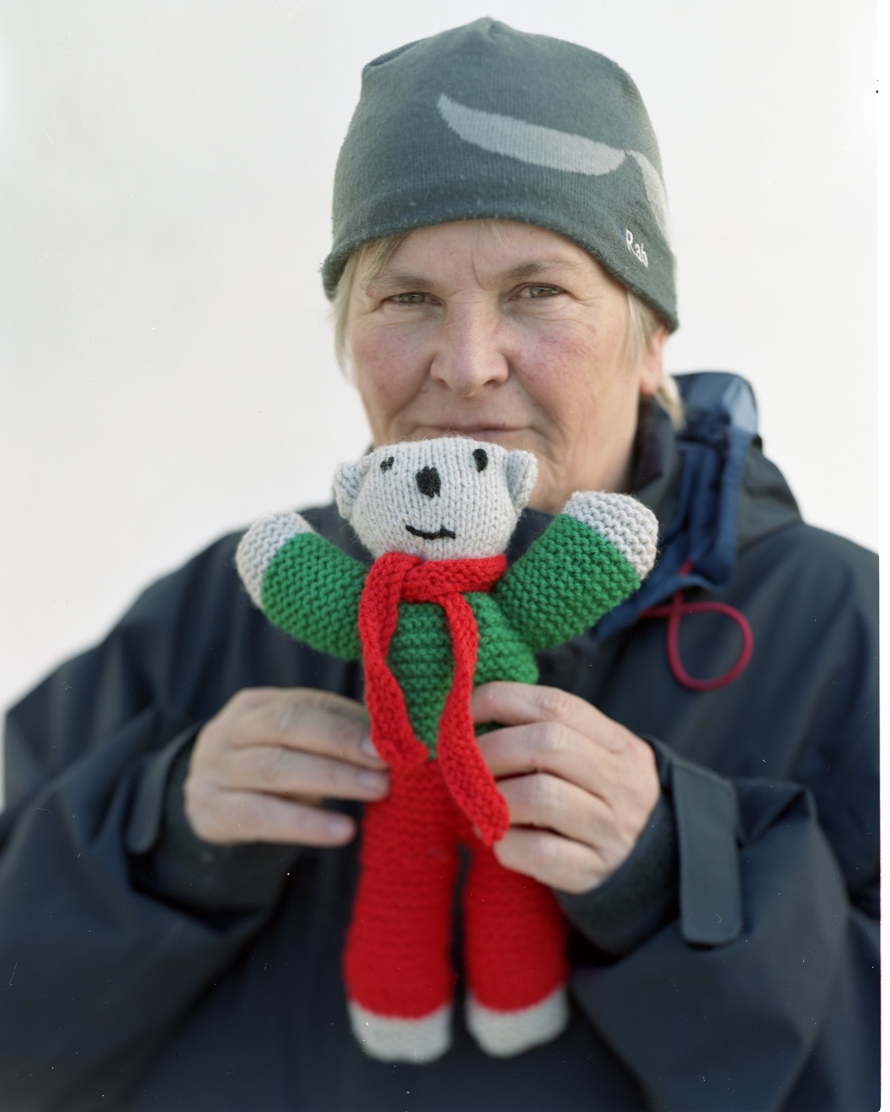 Fiona McDaid, from Cambridge, England, holding a handmade doll she knitted for refugee children. She came to Lesbos, Greece, to volunteer.