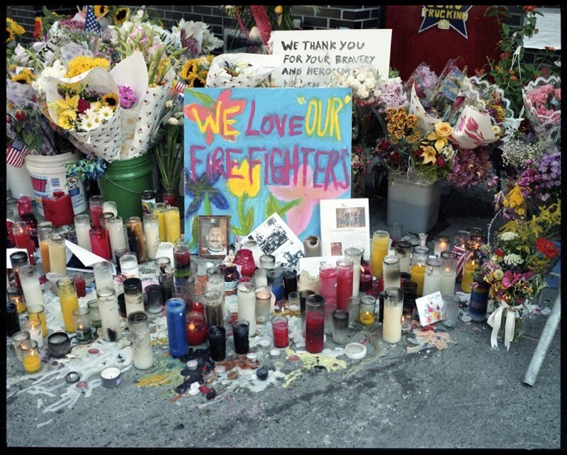  Makeshift memorial outside firehouse in lower Manhattan, September 17, 2001.&nbsp;   