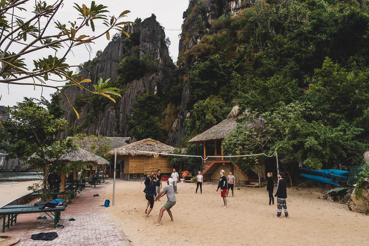 Playing volleyball on the Hideaway Island in Lan Ha Bay.