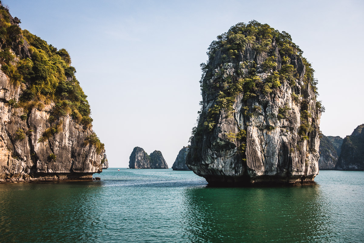 The rock formations rising vertically from the sea in the Halong Bay area are very unique.