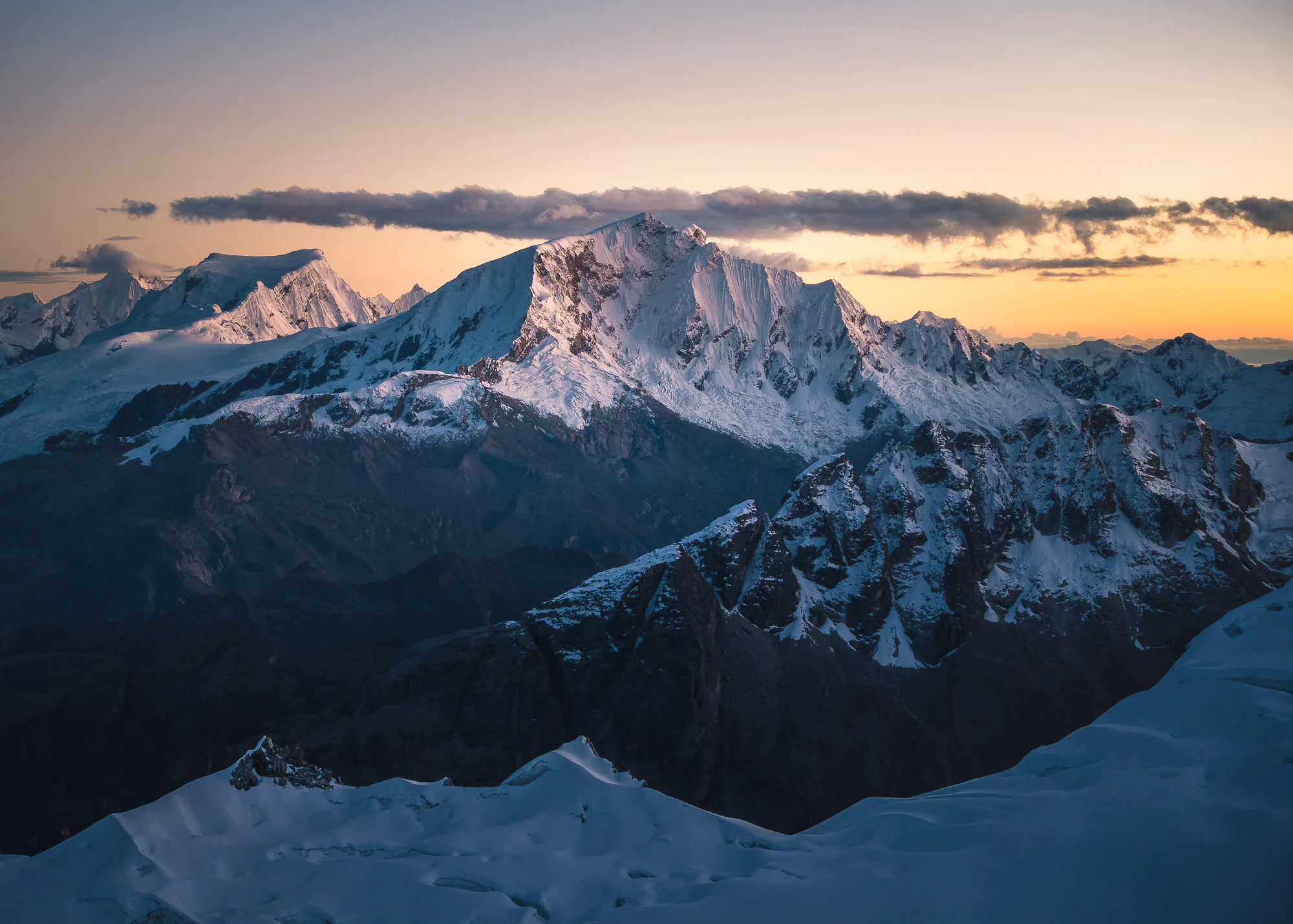 Copa (6188m) in the Cordillera Blanca seen from Vallunaraju Norte (5686m), Peru