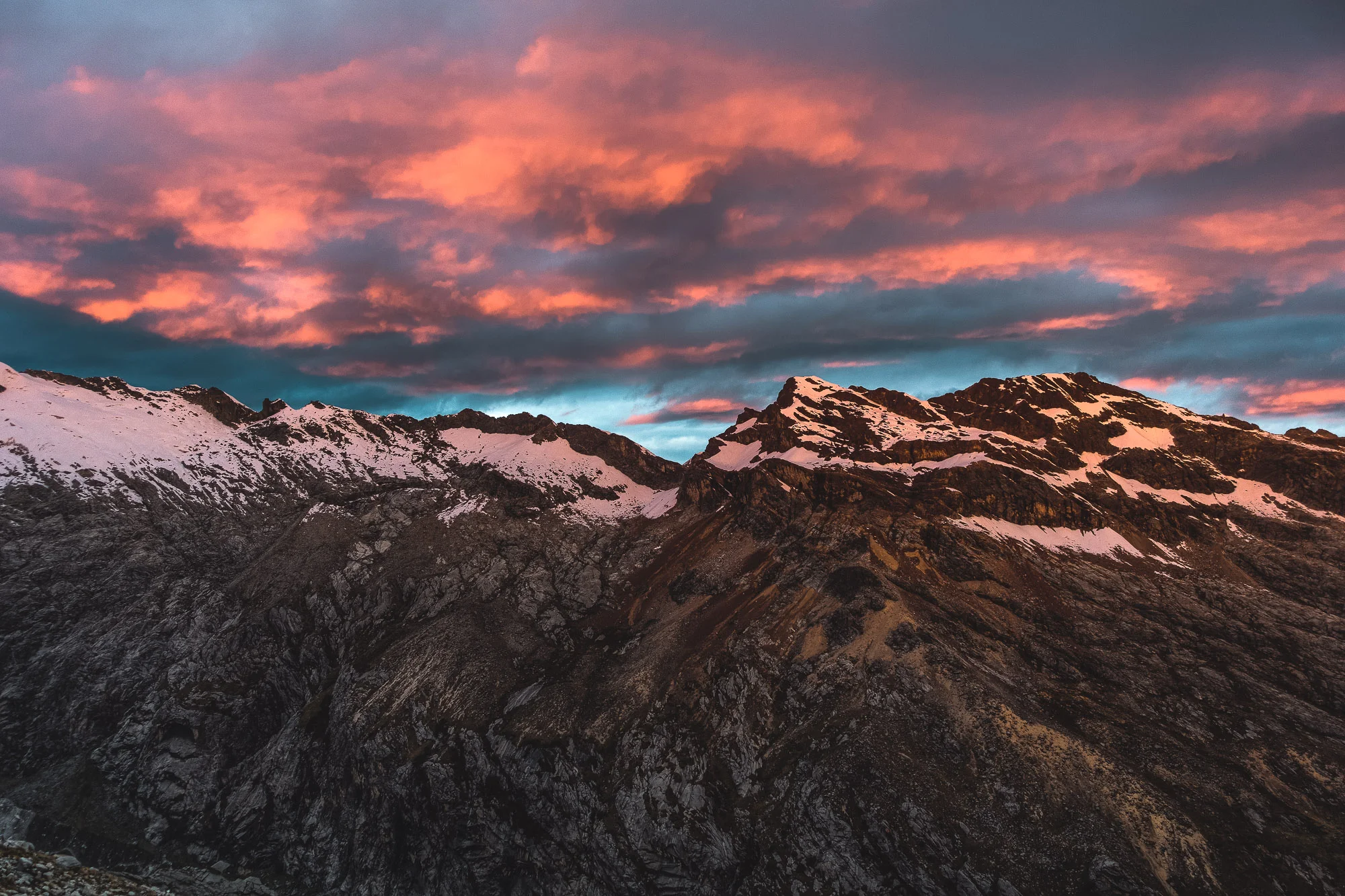 Sunset in the Cordillera Blanca seen from High Camp (5000m) on Vallunaraju, Peru