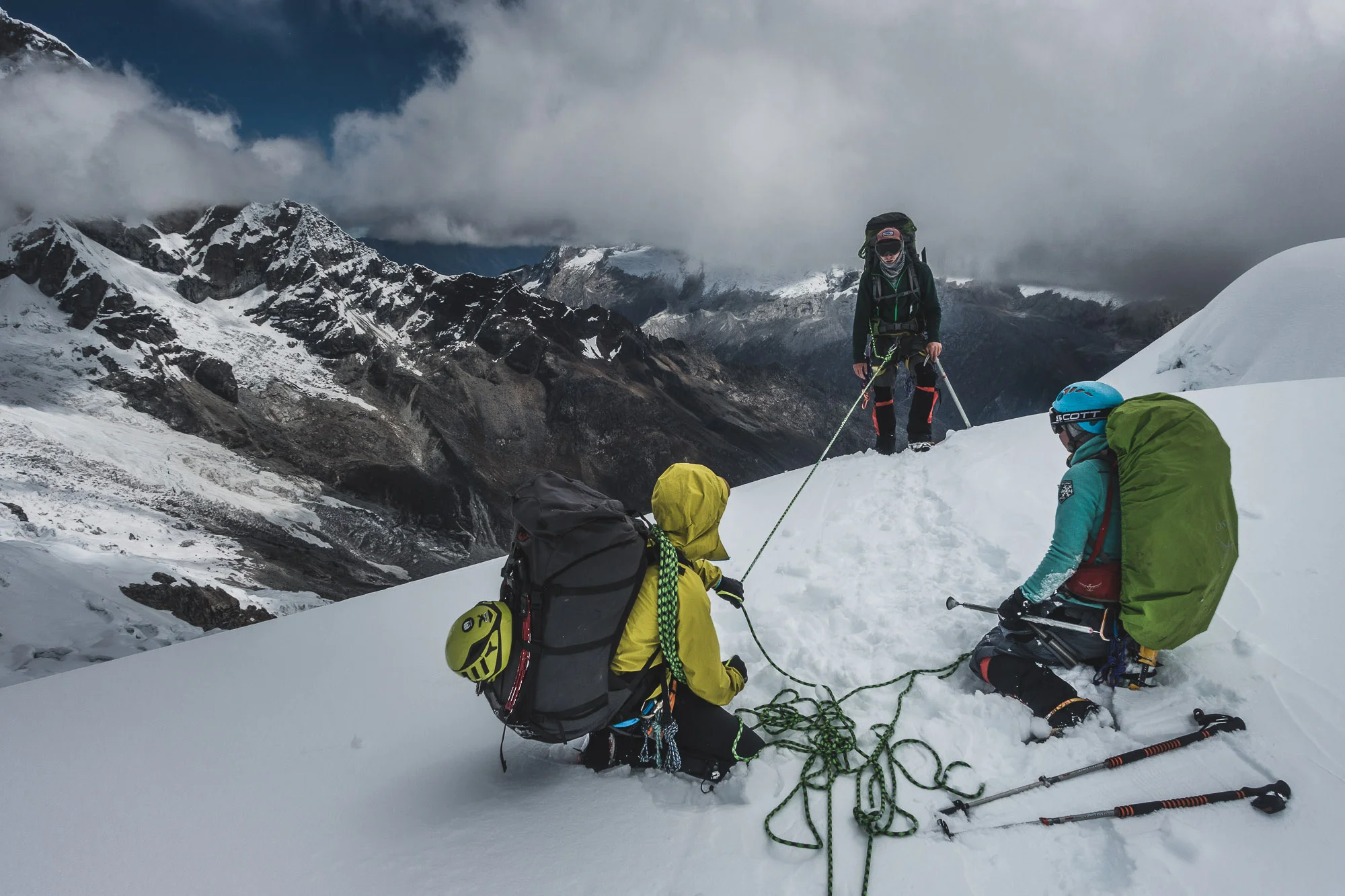 Emerging from a steep face during the ascent of Chopicalqui (6345m), Cordillera Blanca, Peru
