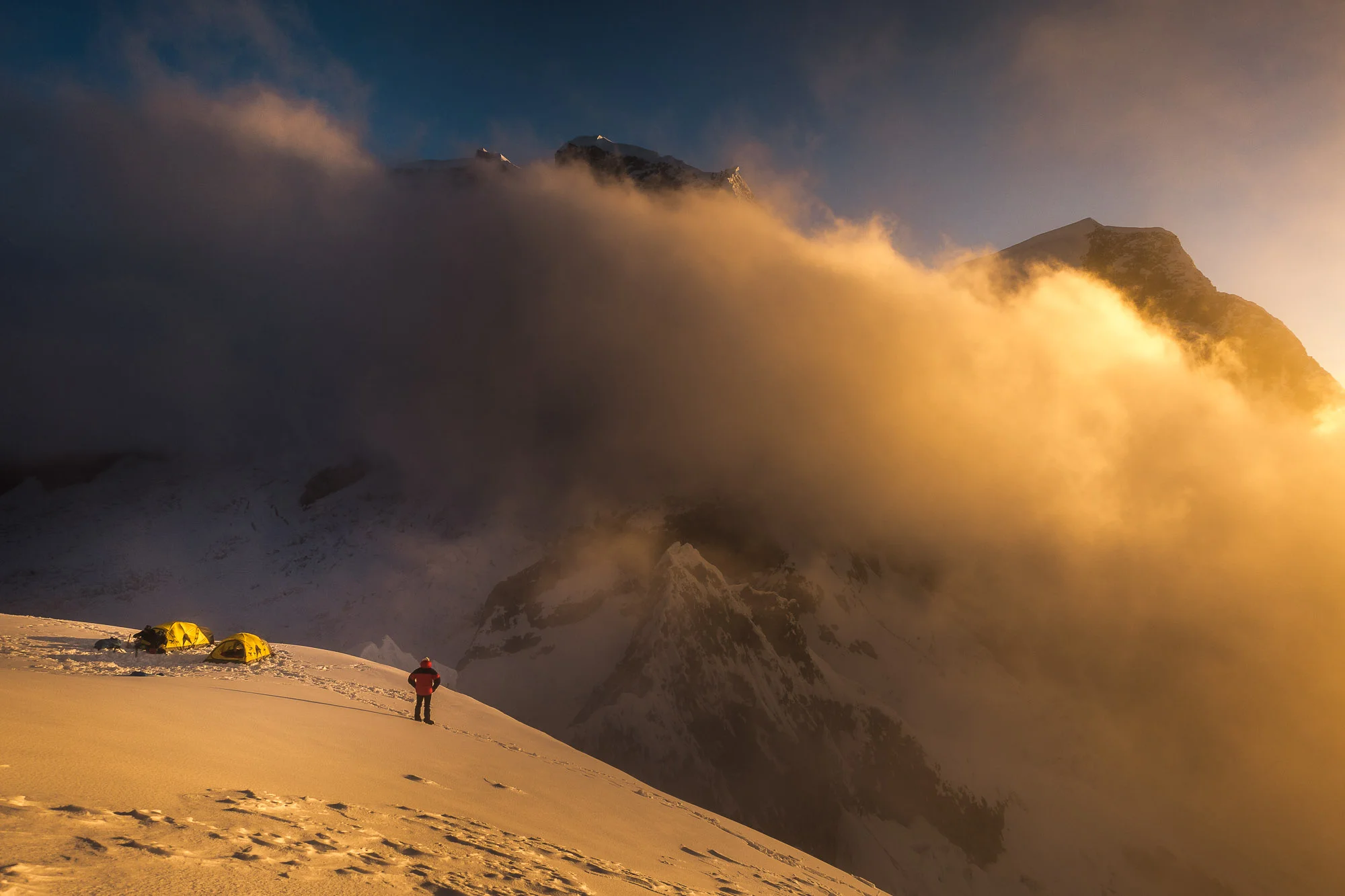 Sunset from High Camp (5750m) on Chopicalqui, Cordillera Blanca, Peru