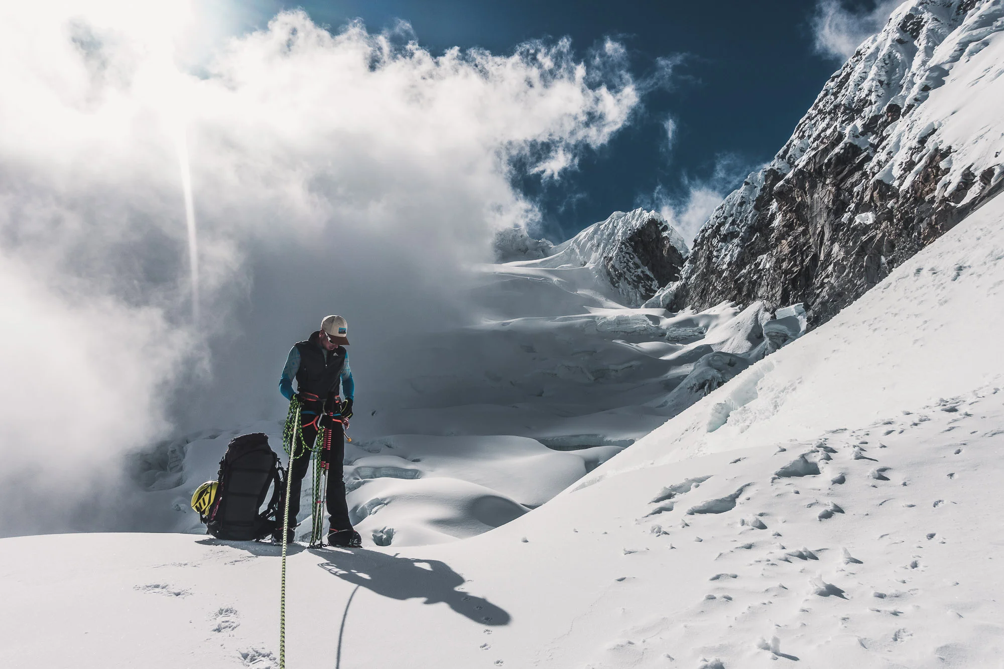 Gear check during the ascent of Chopicalqui (6345m), Cordillera Blanca, Peru