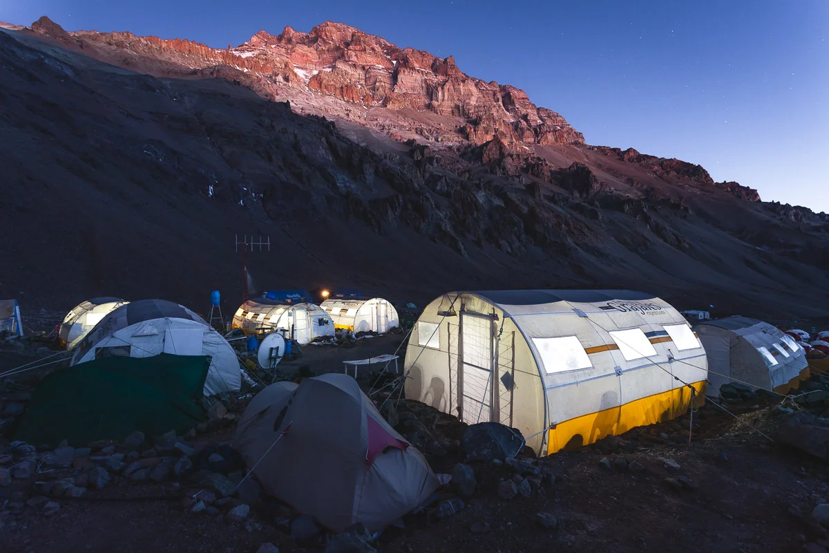 Tents from Grajales Expeditions in Base Camp Plaza de Mulas on Aconcagua. (Credit of this picture and blog cover: Grajales Expeditions)