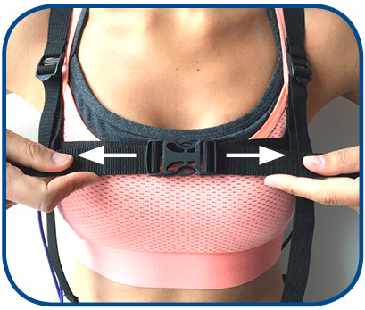 2. Adjust chest harness band to your comfort by pulling loose straps away from center buckle. It should be snug.