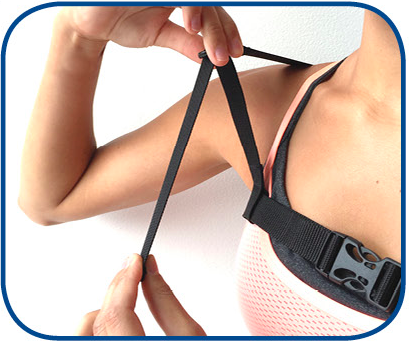 3. To shorten shoulder straps, hold shoulder buckle and pull loose strap downward. To lengthen shoulder straps, release loose strap and lift buckle while pulling upwards. It should feel comfortable.