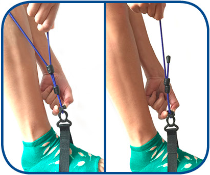 4. To shorten leg bungees, squeeze both sides of adjuster while pulling up loose bungee. To lengthen, squeeze adjuster while pulling long side of bungee upwards.