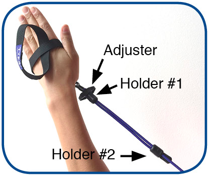 8. Make sure the arm bungee adjuster is on your left hand. Slip holder #1 towards the adjuster and holder #2 towards the loose bungee with black end cap.