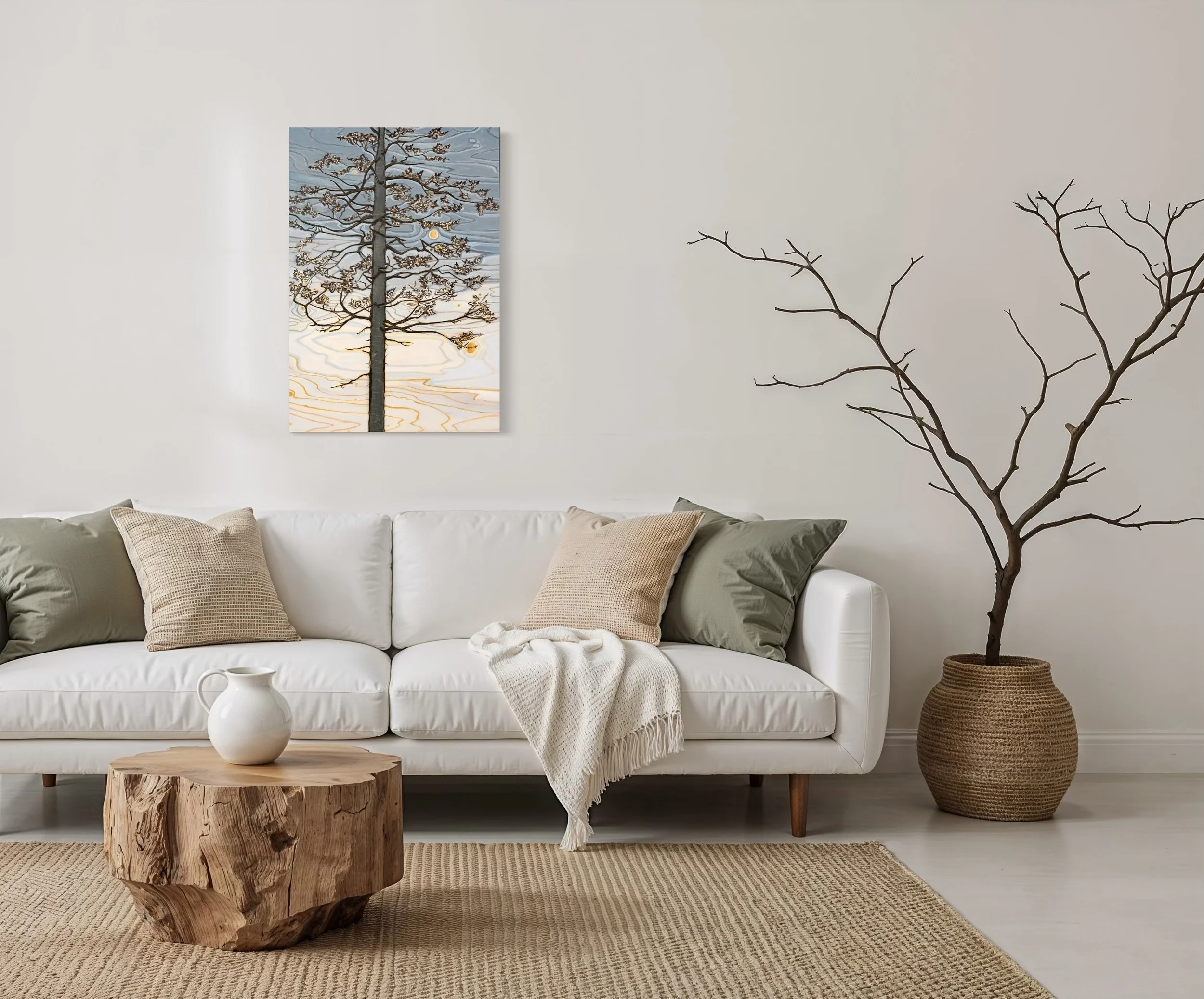   Bold yet subtle, “Taking It Slow”, ”is a good reminder to do just that.     This piece captures my interest in contrast  by  creating the silhouette of  a tree on a monochromatic wood grain sky.     Incorporating the grain is an important character