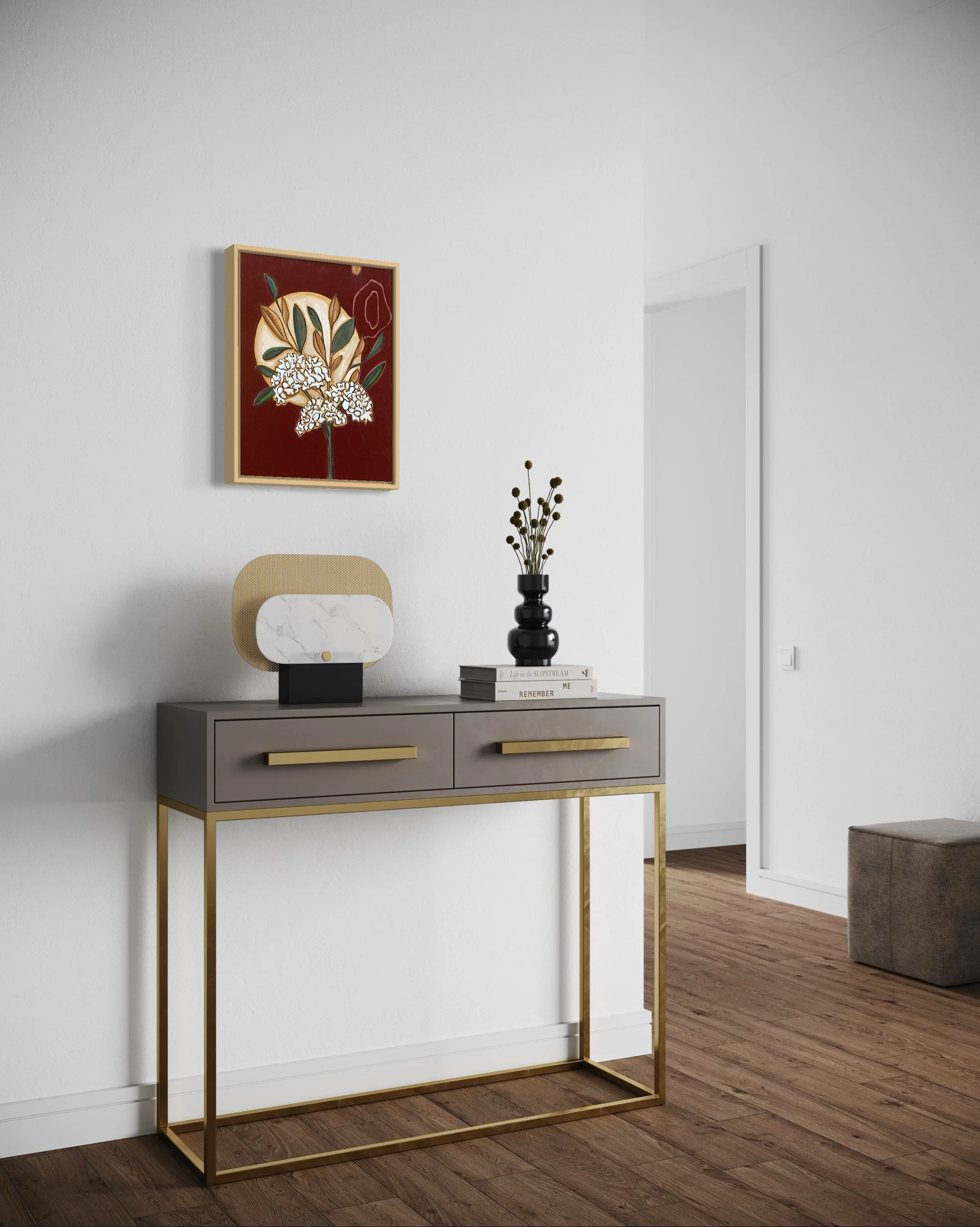   This Sophisticated  piece offers a welcoming focal point in an entryway or any space in the home where you want a pop of color. “Crimson Silver Moon” creates a bold punch for a smaller size piece.     This ongoing series captures beautiful things i