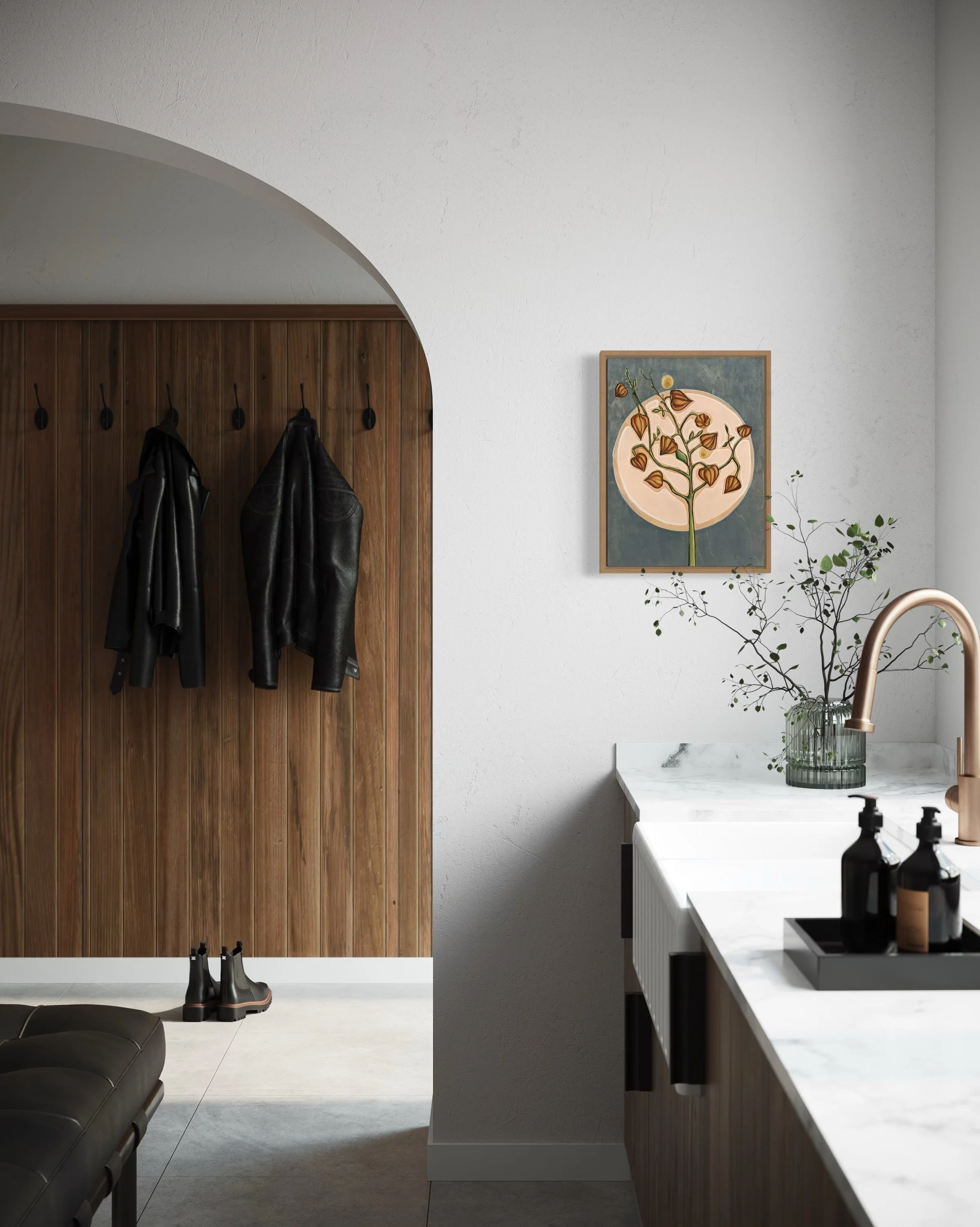  “Pink Moon” is an inviting piece with a delicate balance of warm colors on a backdrop of grayish blue. Perfect for a kitchen or a little nature in a bedroom.  