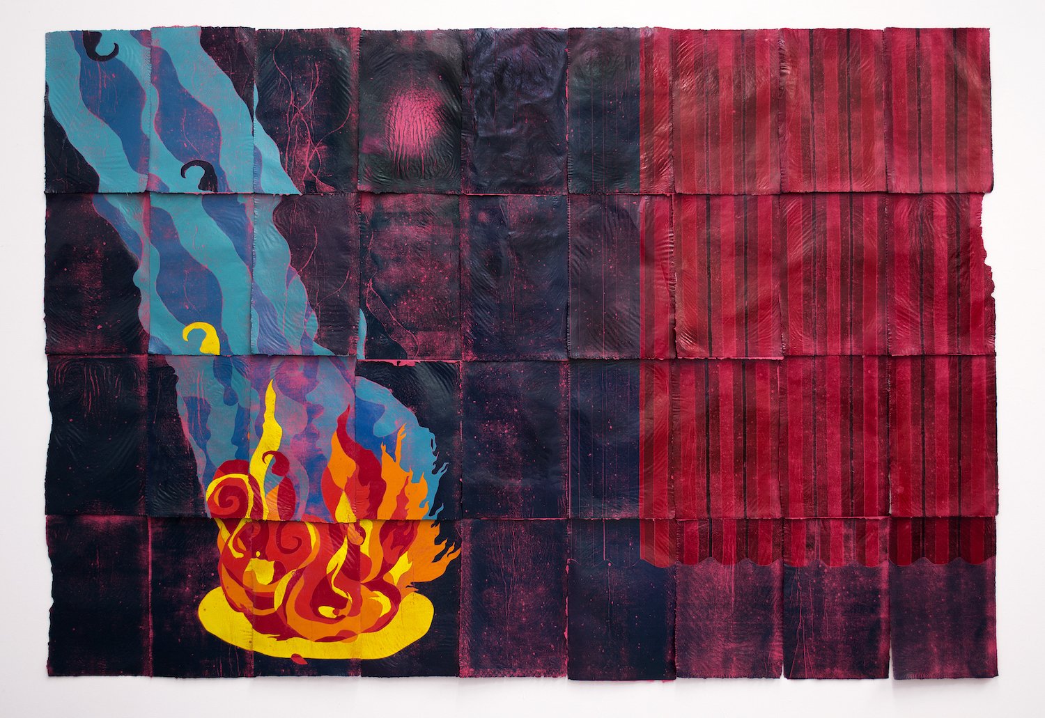   Stage Fire,  woodblock prints on handmade paper, 103”x70”, 2018 