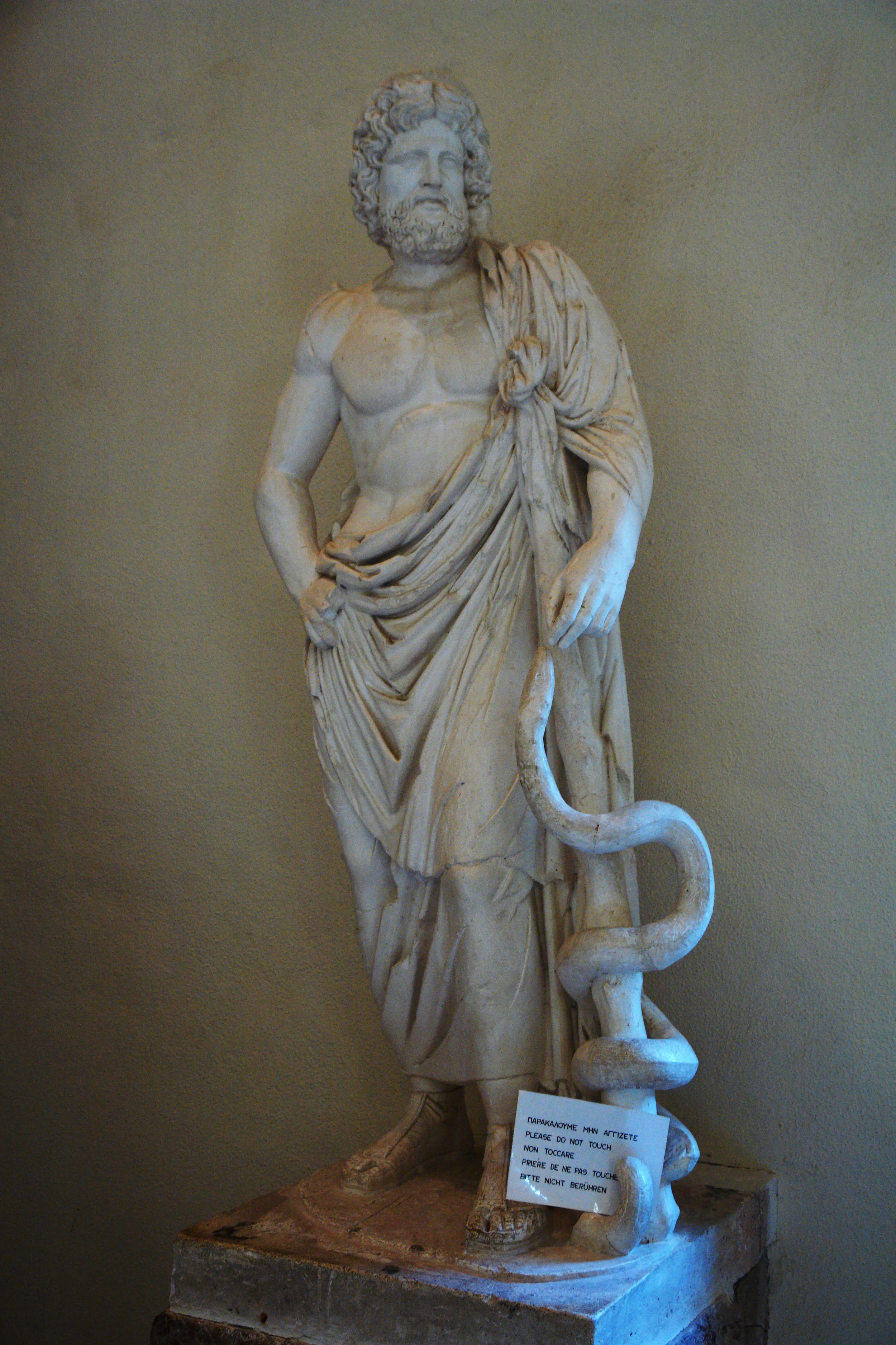 Asclepius with his serpent-entwined staff, Archeological Museum of Epidaurus, Greece. He definitely looks like he consumes a Mediterranean diet and gets his exercise, doesn't he?