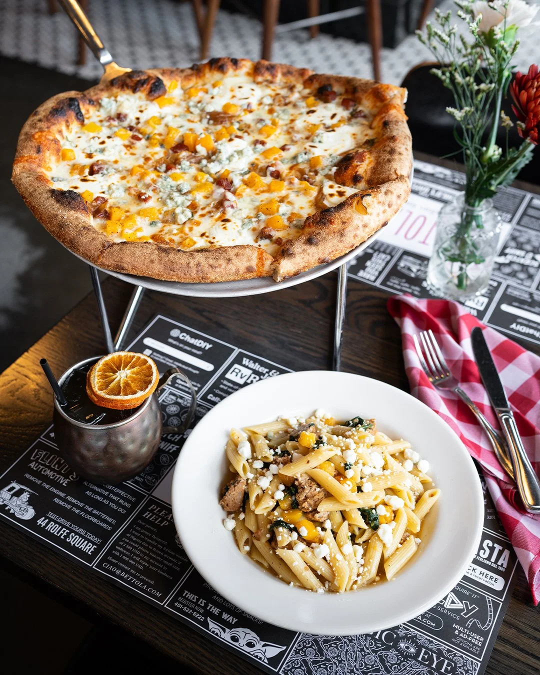 Sounds like a pretty good weekend to cozy up with takeout. Stock up on these specials before the storm!

HARVEST MOON
Bianco Sauce, Shredded Mozzarella, Ricotta, Sage, Pancetta, Butternut Squash, Caramelized Onions, finished with Crumbled Gorgonzola.